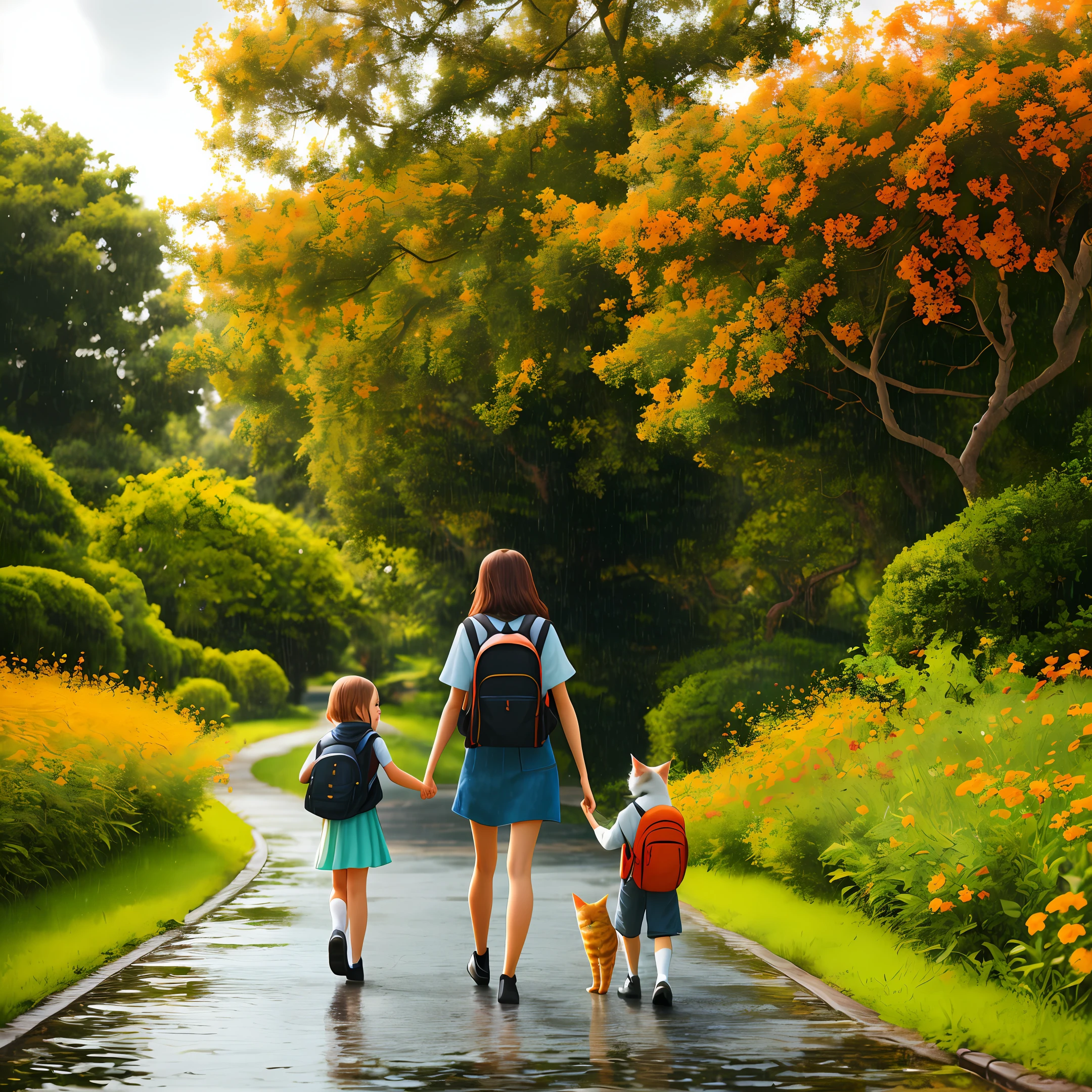 An incredibly charming carrying a backpack, accompanied by her adorable cat, enjoying a lovely raining outing surrounded by beautiful orange flowers and natural scenery. The illustration is in high definition at 4k resolution, with highly-detailed facial features and realistic visuals.