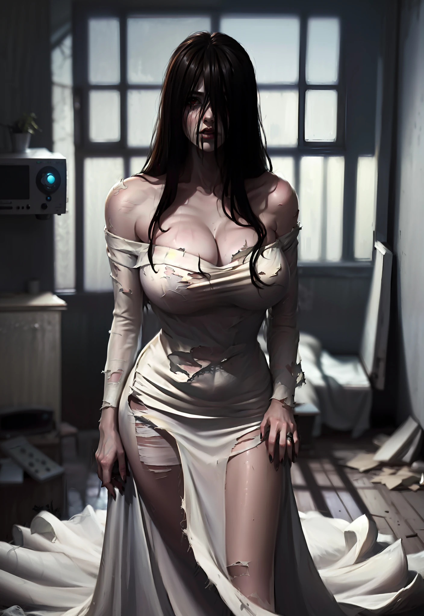 Realistic Japan horror movie taste images, masterpiece, (Best Quality), (absurdness quality), High resolution, 32K, (Photorealistic:1.4), Black hair, {{{Ultra-realistic photos of Sadako}}}, (((torn, strapless, white dress))), {{{Long hair above the eyes, eyes covered, whole Face hidden in long hair}}}, Spooky Ghost Woman, Messy abandoned house, TV in the room, Dark atmosphere, Super huge cleavage exposed from white dress, Full body shot, whole room view, Super huge breasts spilled out of dress,