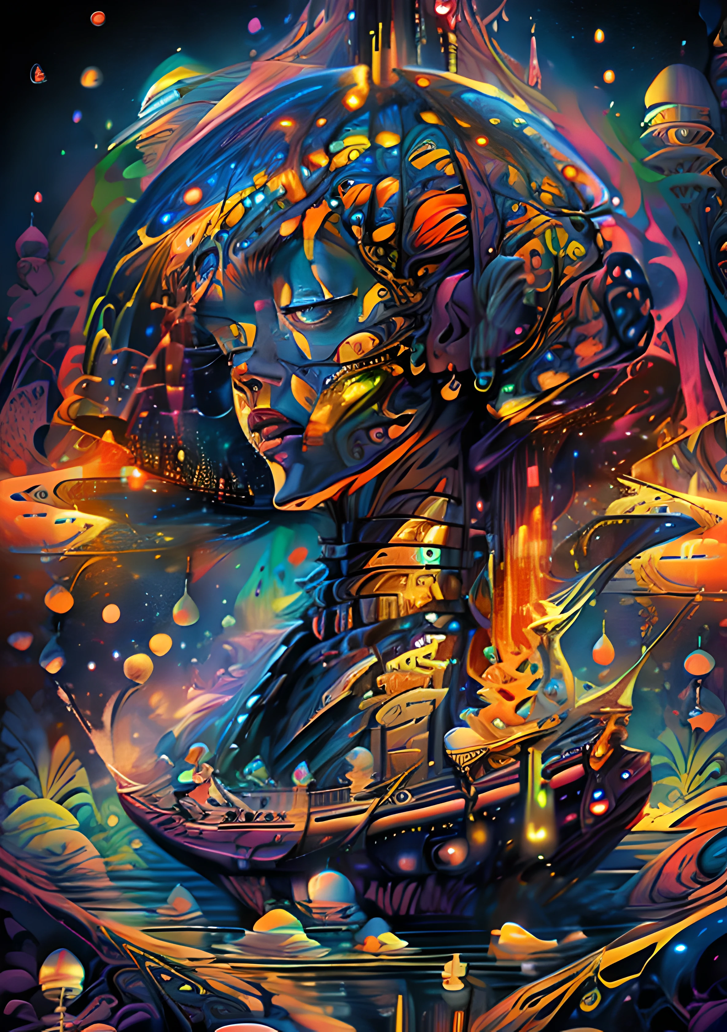 (High resolution, incredibly detailed, masterpiece), portrait of 3 elfes sailing on a boat in the sunset, featuring fractal geometry in (vibrant colors:0.9), set against a (galactic background:1.3), bringing together complex, mesmerizing shapes and patterns,dmt ,fractal art,stars and galaxies