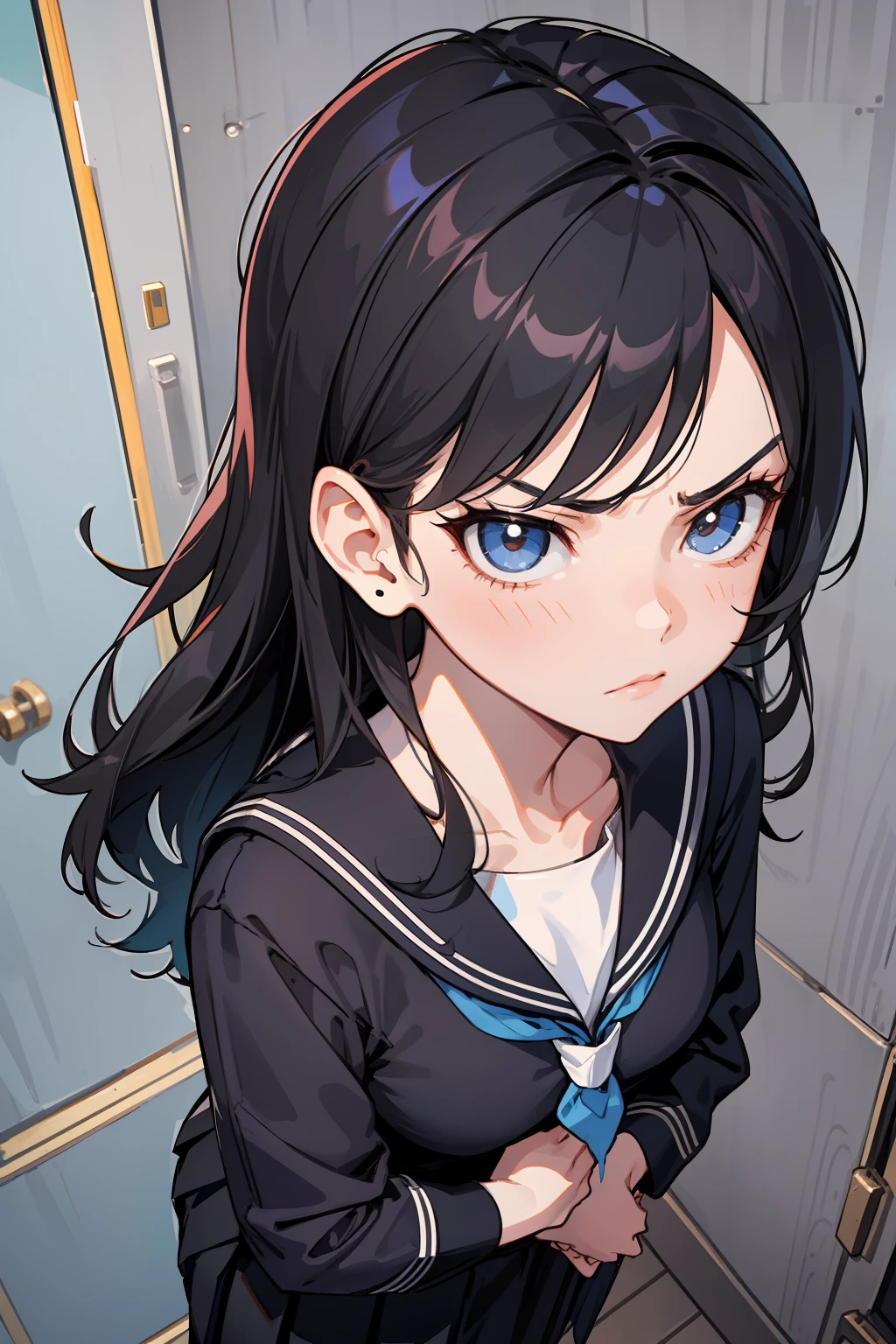 clearface,​master piece,hyper quality, Hyper Detailed,Perfect drawing,nffsw,3D,8K,Illustration,Beautiful Girl,hiten_1,Wearing a black sailor suit with long black hair, Ankle length pleated skirt (Maxi skirt:1.3), standing with hands in her pockets, ((Glaring at me sharply, Condescending look from above)), A beautiful girl with a great face, long eyelashes, Slum、 harems、 (Wearing loafers with crushed heels). Dark eyeliner,Outrage、Beautiful background color、Detailed drawing、Accurate drawing、Anatomy of the human body、