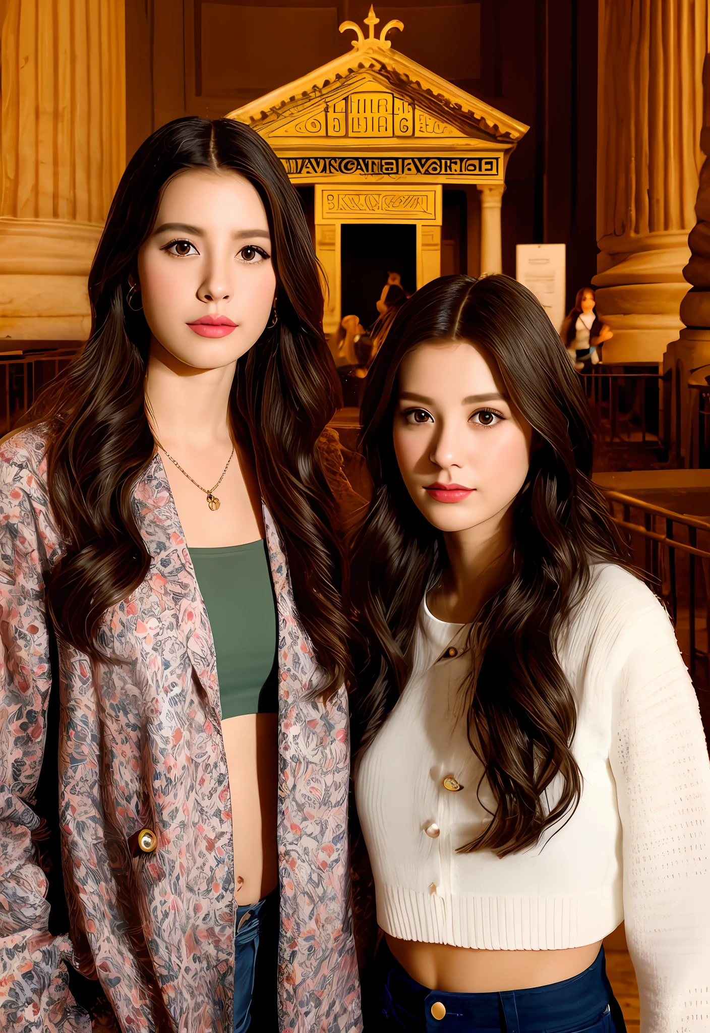 (Positive focus),2girls,duo,navel,(At the Pantheon in Rome,crowd,winter,Snowy),Surrealistic Female Portraits by David Hockney and Alphonse Mucha,Fantasy art,photograph realistic, Dynamic lighting,art stations,poster for,Volumetriclighting,Very detailed faces,4K,Award-Awarded,Fantastic costumes,Deep shadows,low tune,cowboy lens, (official outfit:1.4), looking at the camera in, Half-body shot,((Realistic face))),