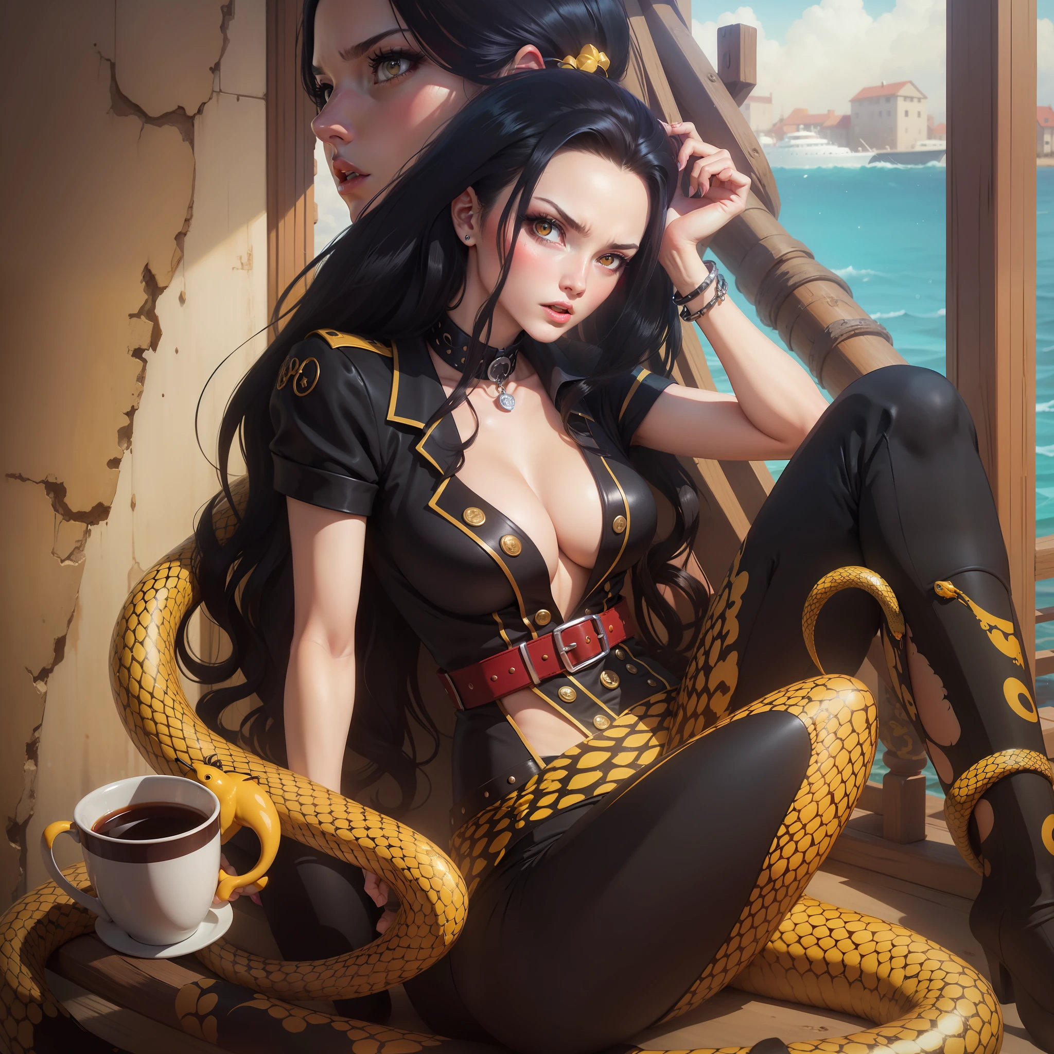 melhor qualidade, Red-eyed woman with long hair medium breasts top black medium belt black bright red eyes, cabelo preto, colar, pose fofa, black collar high black pants, frightened expression side pose, batom vermelho na boca, dentro de um navio, em alto mar, mar atras, Olhos vermelhos, cabelo longo pretos, olhos vermelhos brilhantes, pirata, navio de pirata, arqueologa colar, bracelete, usando oculos de arqueologa, Sensual pose pose for photo Nico Robin Cobra with good yellow scales Hancock Yellow Snake having a cup of coffee