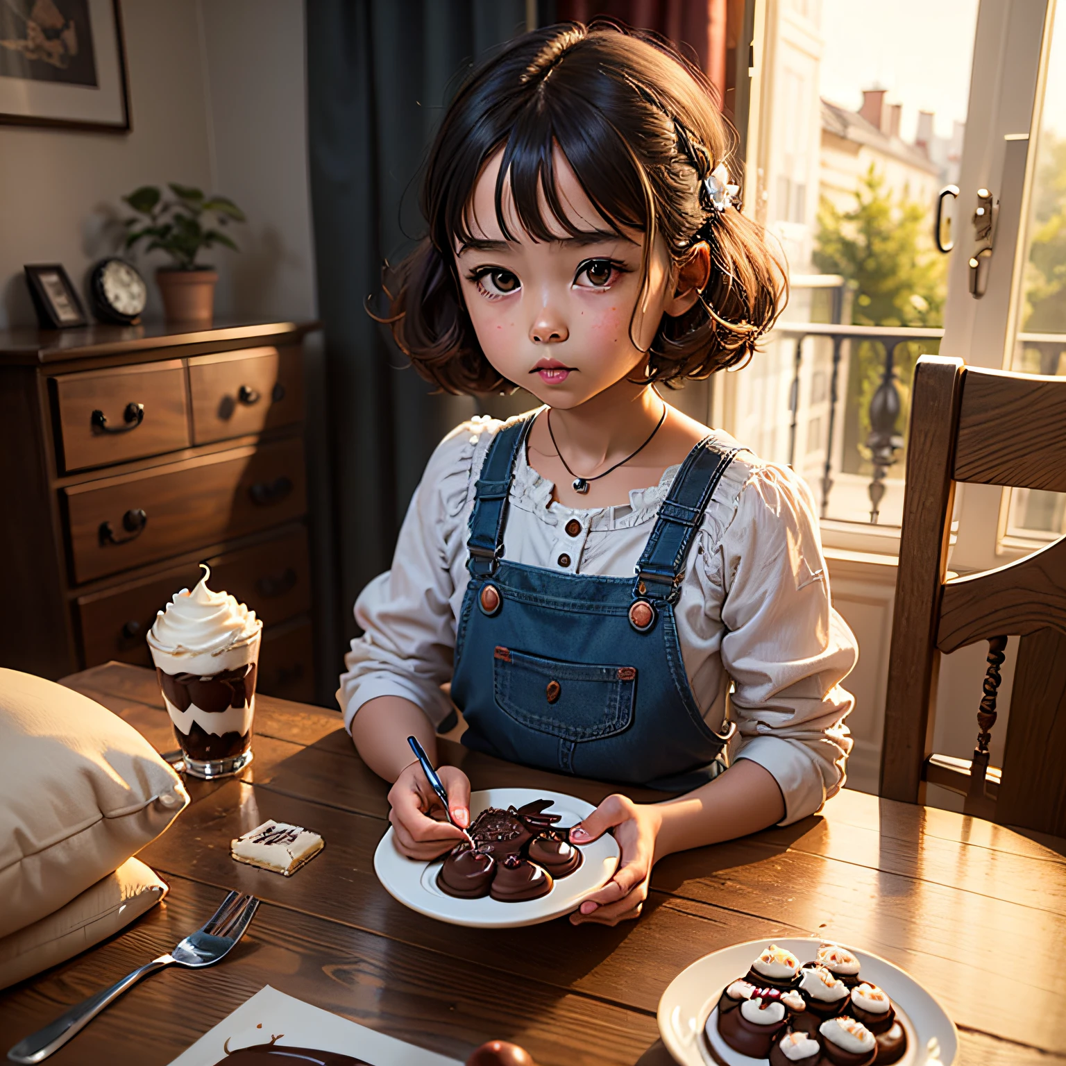 crea una bambina con in mano cioccolato e caramelle , dietro di lei un portale , nella sua camera da letto , realistico