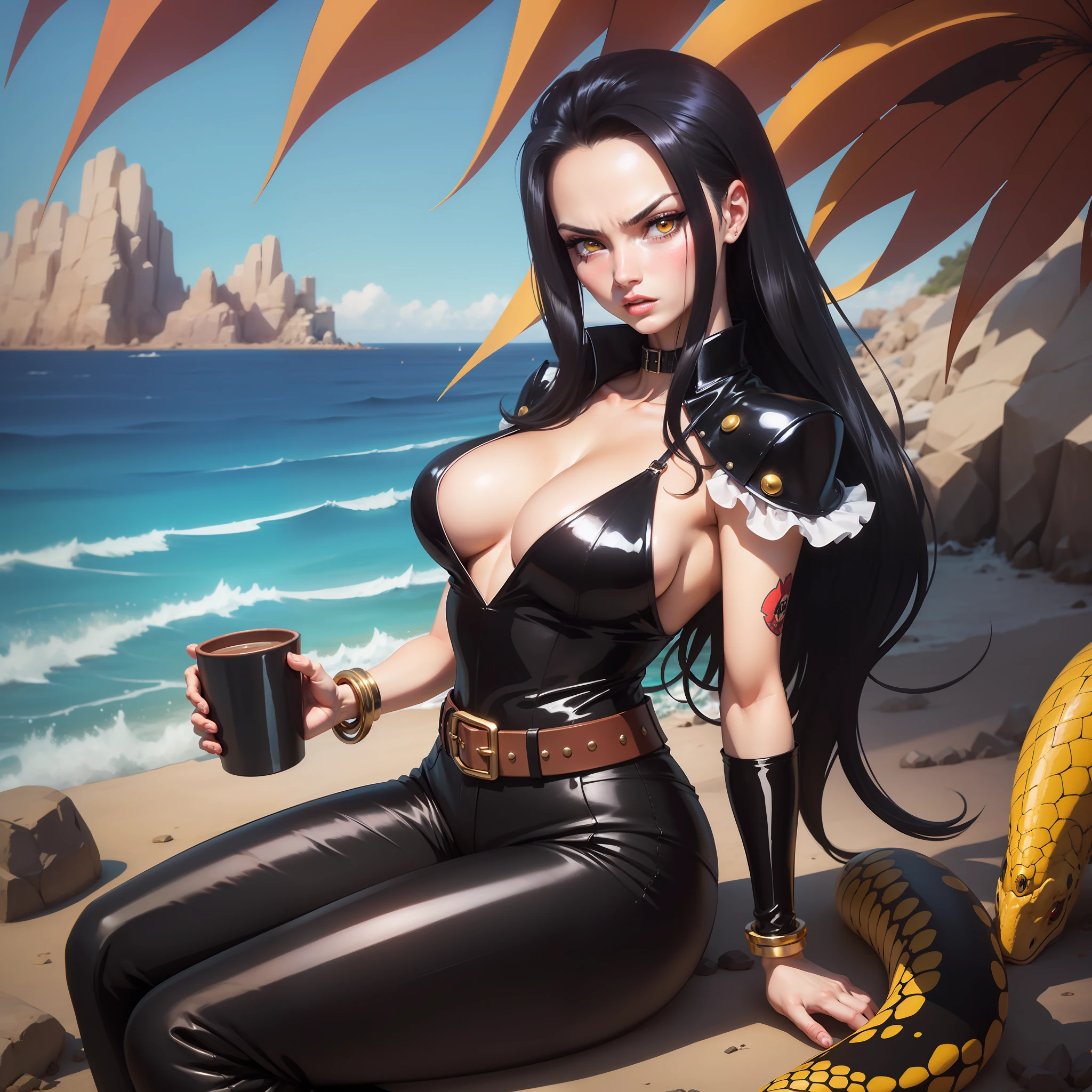 melhor qualidade, Red-eyed woman with long hair medium breasts top black medium belt black bright red eyes, cabelo preto, colar, pose fofa, black collar high black pants, frightened expression side pose, batom vermelho na boca, dentro de um navio, em alto mar, mar atras, Olhos vermelhos, cabelo longo pretos, olhos vermelhos brilhantes, pirata, navio de pirata, arqueologa colar, bracelete, usando oculos de arqueologa, Sensual pose pose for photo Nico Robin Cobra with good yellow scales Hancock Yellow Snake having a cup of coffee