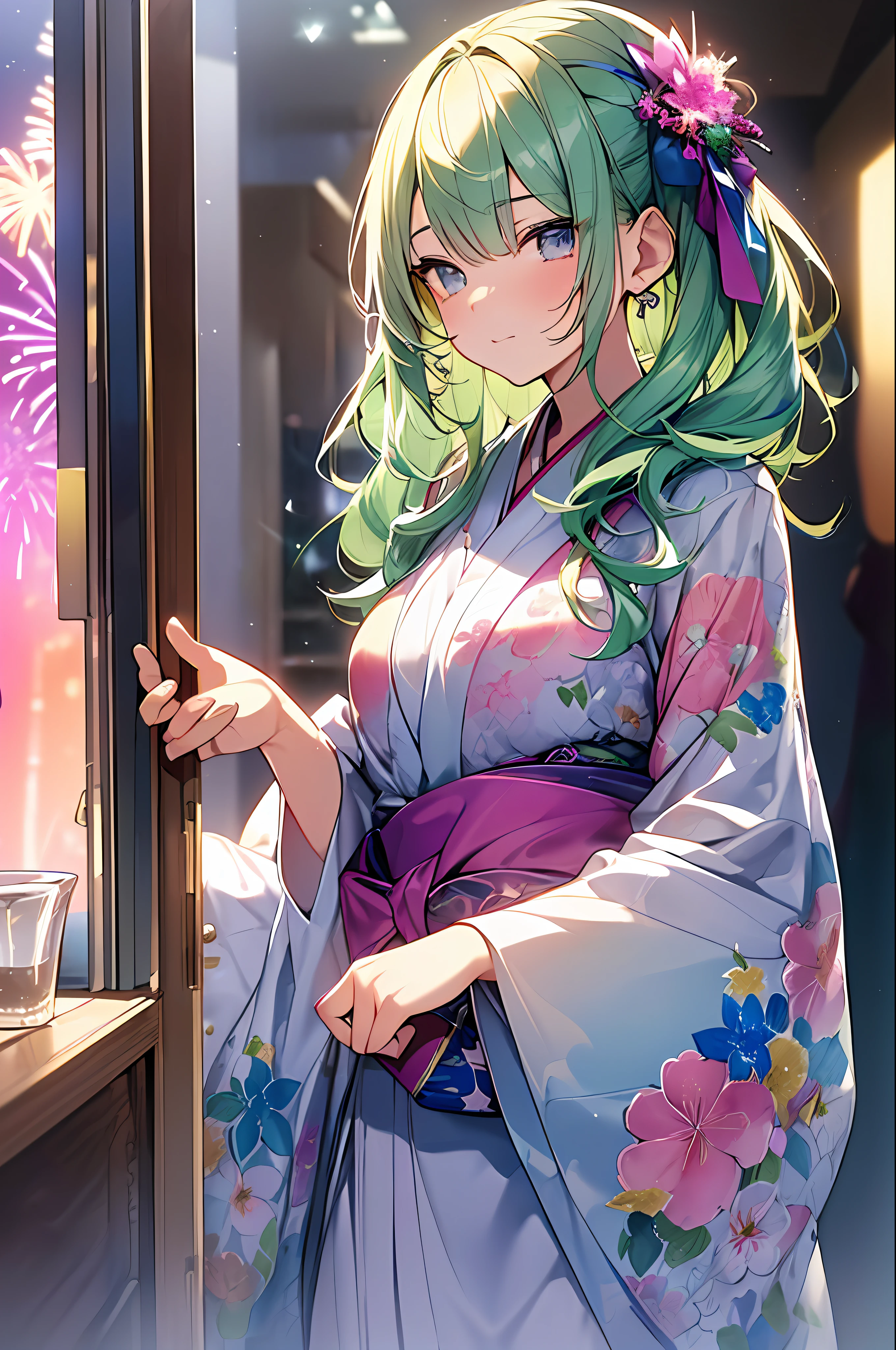 ((Masterpiece, Top Quality, Watercolor Art (Pendant), Official Art, Beautiful and Aesthetic: 1.2)), (Golden Ratio: 1.2), (Full Body: 1.2), (Super Detail: 1.3), (2 Girls: 1.3), (Fractal Art: 1.3), Full Body, (Glitter Pupil)), Pattern, (iridescent hair, colorful hair, half blue and half pink hair: 1.2)), Colorful, (Glasses), writing, ( heterochromia), (Colorful: 1.5), ((Yukata)), ((Hakata Yukata)), ((Large fireworks in the background)), Night Sky, (((Embarrassed face)), ((Micro bikini)), (Standing), ((Hyper detail)), ((Delicate detail)), ((Complex detail)), ((Cinematic light, highest quality backlight)), High contrast, ((Best lighting, Very delicate and beautiful)), ((Cinematic Light)), (Ray-traced reflection, shine), (((Shining aura)), (Shining hair)), ((Super detail)), (8K)), ((Fireworks)), ((Blonde girl and green-haired girl)), (2 girls)