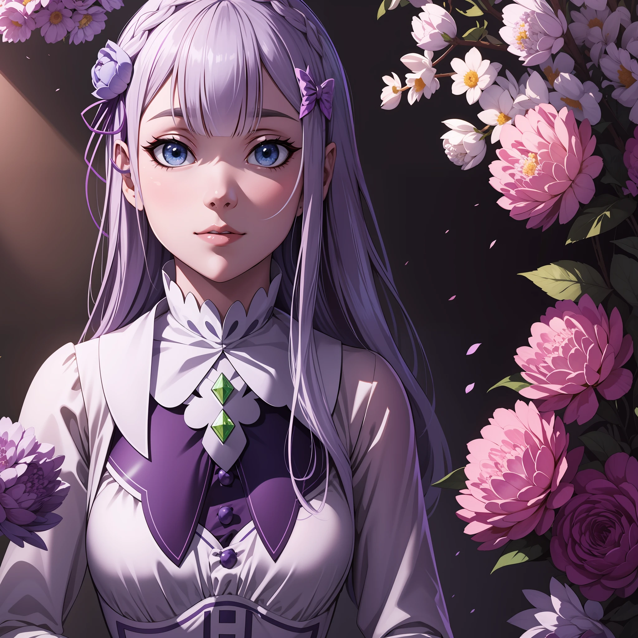 bonito, obra-prima, melhor qualidade, cinematic lighthing, extremamente detalhado CG unidade de papel de parede 8k, retrato Emilia (Re:Zero), olhos roxos, cabelo prateado, olhos violeta, lavanda