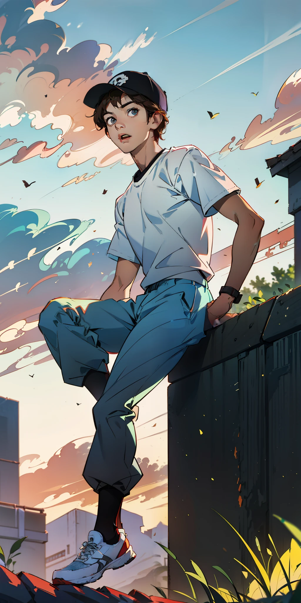 A brown 14-year-old boy wearing a white T-shirt and gray pants, Black and white baseball cap with red stripes, sapatos esportivos brancos, relogio preto, corpo inteiro, olhando para o espectador, Feliz, Cidade, nuvens, sun sunset
