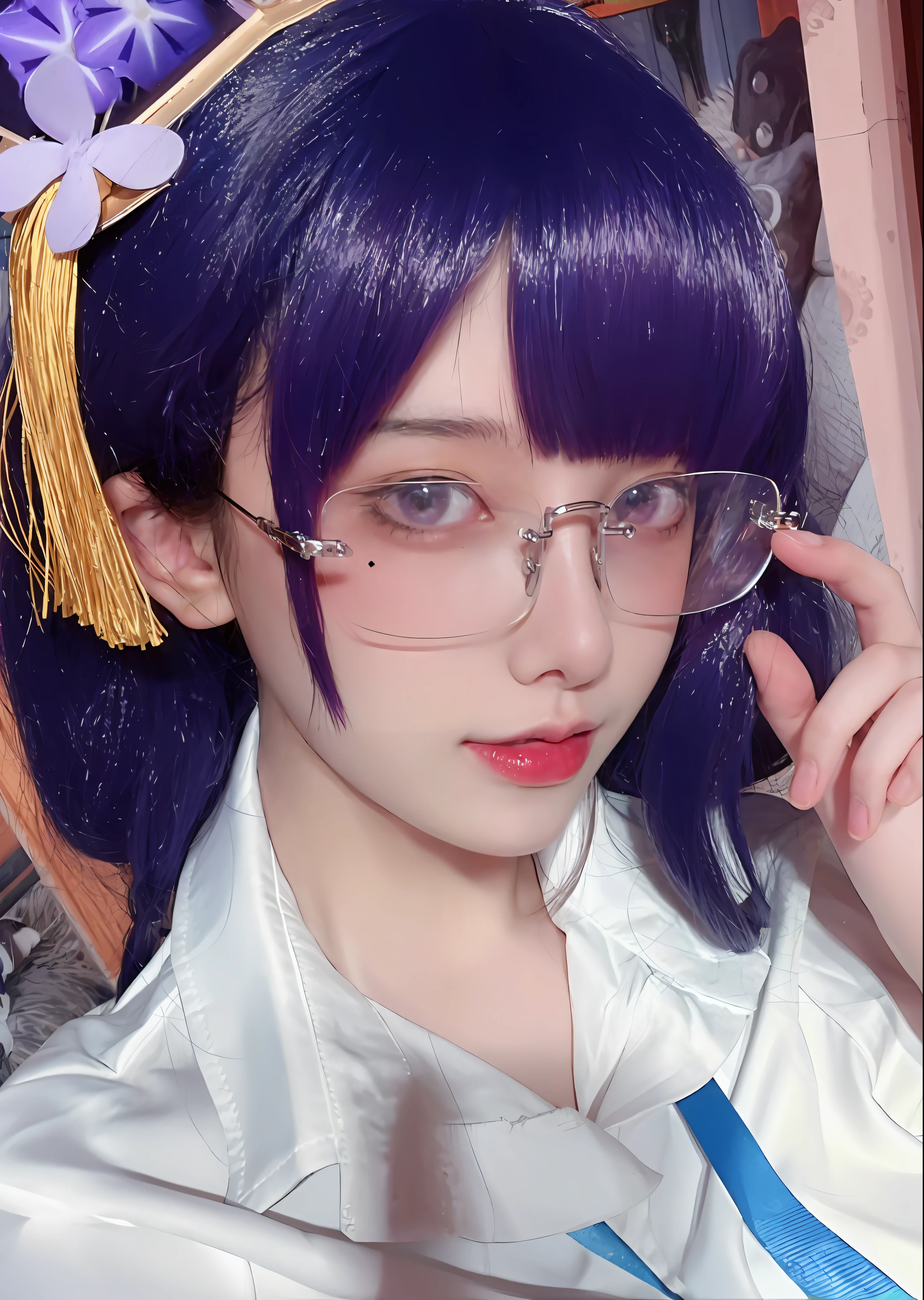 purple hair with a blue ribbon and a pair of glasses, anime girl cosplay, anime cosplay, belle delphine, anime girl in real life, as an anime character, wearing thin large round glasses, misato katsuragi, with glasses, shikamimi, sakimichan, juri misaki, in japanese anime style, with square glasses