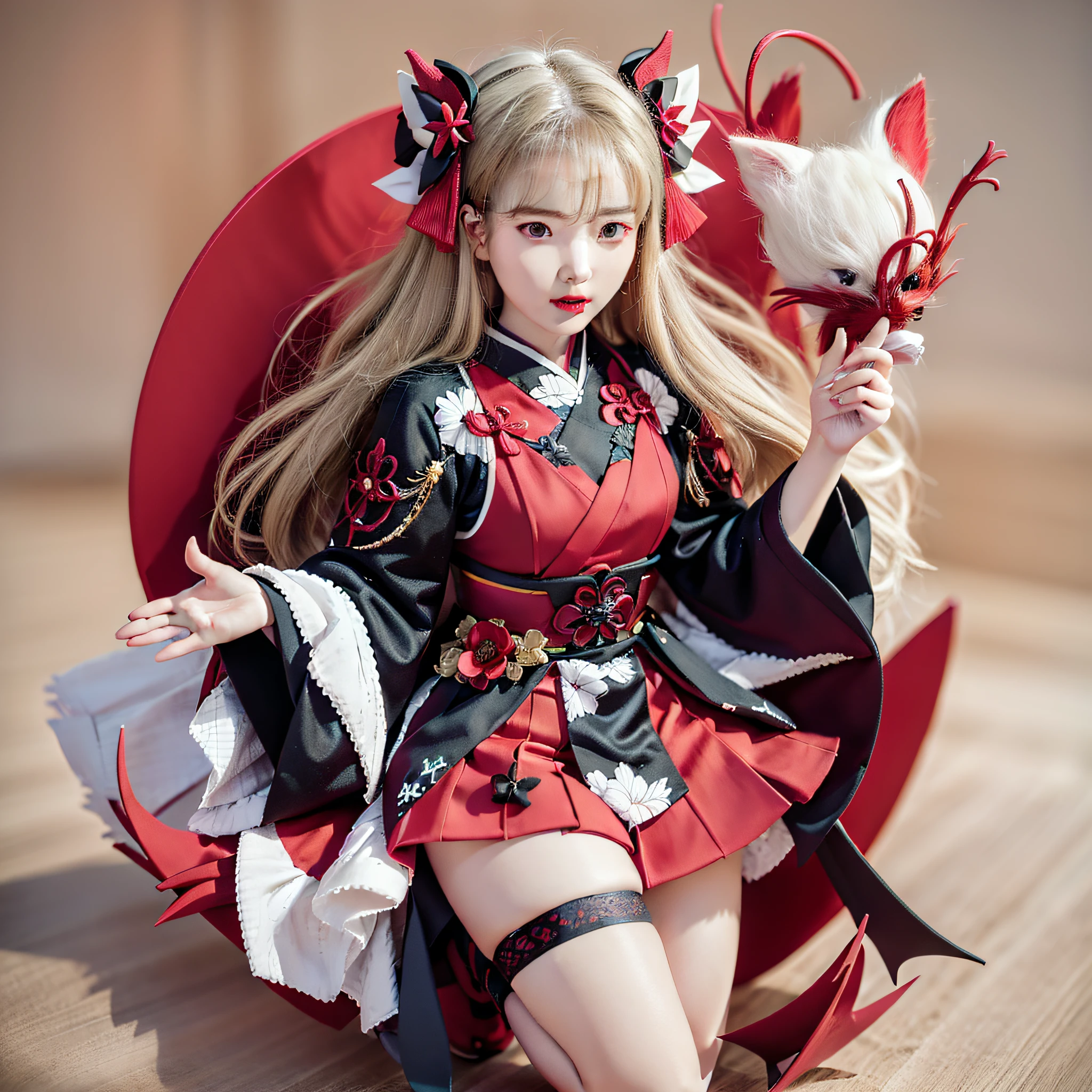 araffe figure of a woman dressed in a red and black outfit, onmyoji detailed art, onmyoji, onmyoji portrait, keqing from genshin impact, anime styled 3d, 3 d render character art 8 k, ayaka genshin impact, zhongli from genshin impact, kitsune inspired armor, 8k octae render photo