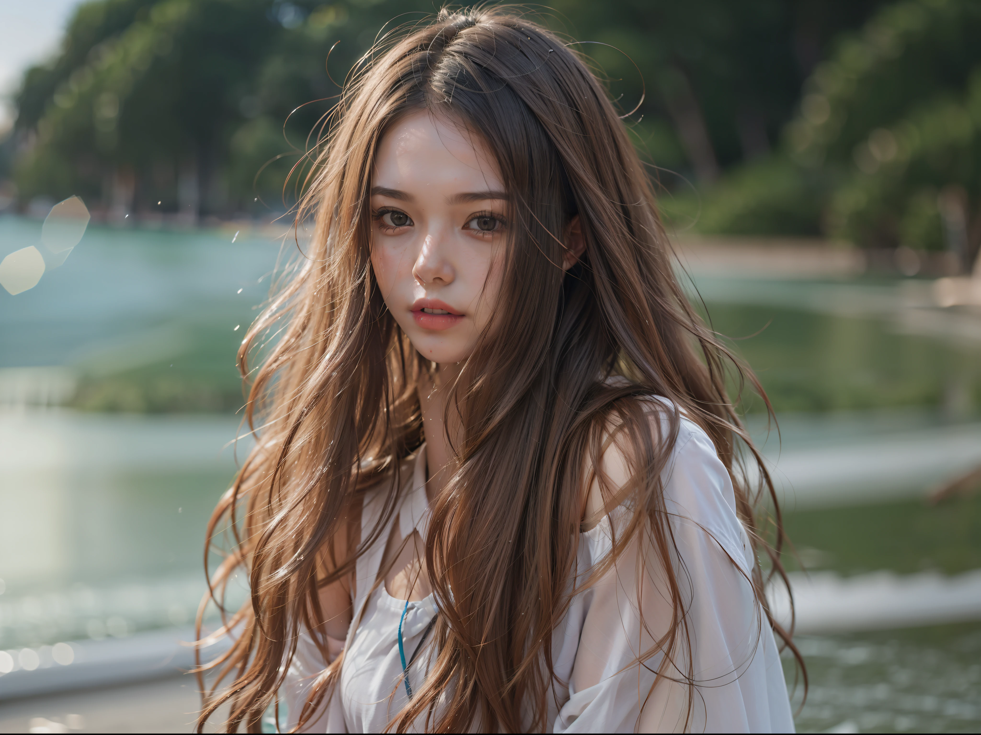 White skin and beautiful appearance,long whitr hair,brunette color hair,Wet hair,teens girl,underdressing,sandbeach,beachside,A high resolution