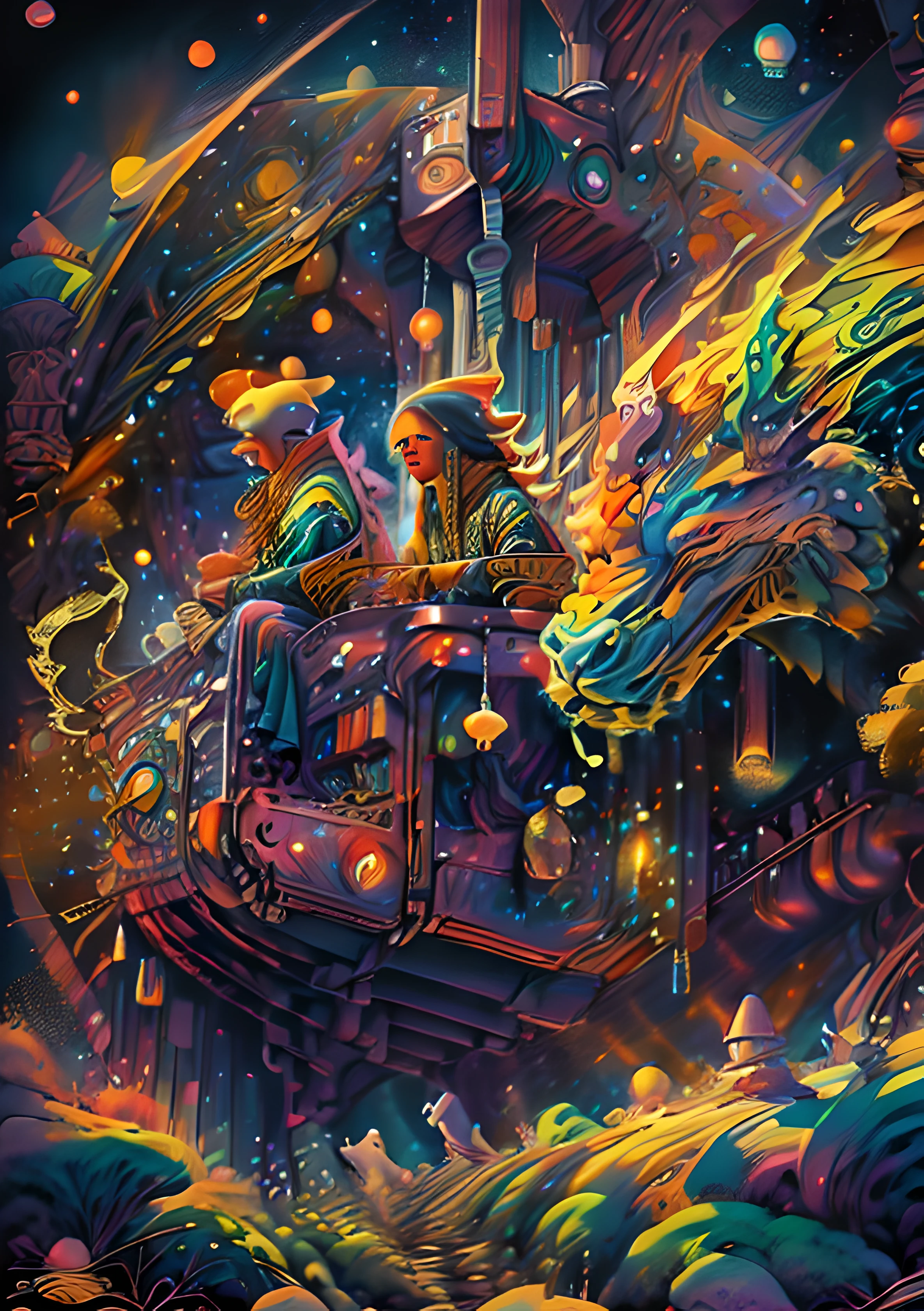 (High resolution, incredibly detailed, masterpiece), portrait of 3 elfes sailing on a boat in the sunset, featuring fractal geometry in (vibrant colors:0.9), set against a (galactic background:1.3), bringing together complex, mesmerizing shapes and patterns,dmt ,fractal art,stars and galaxies