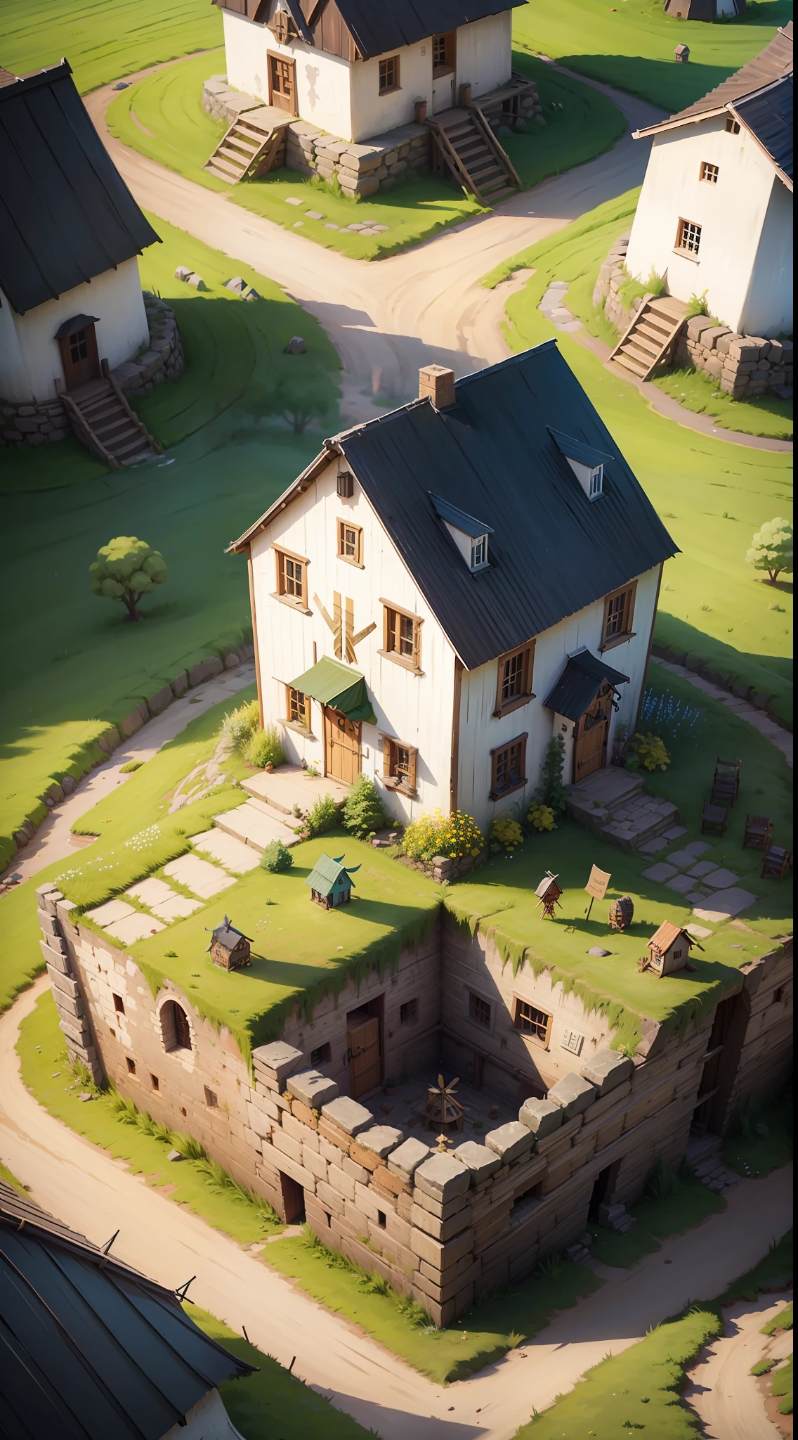 Windmill mill,Beehive-shaped primitive chieftain hall ,Spring theme,Original Hall,Realistic,Heroes of the Storm,Beautiful isometric game art --auto