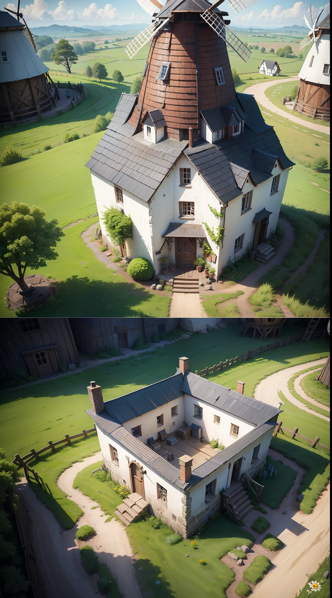Windmill mill,Beehive-shaped primitive chieftain hall ,Spring theme,Original Hall,Realistic,Heroes of the Storm,Beautiful isometric game art --auto