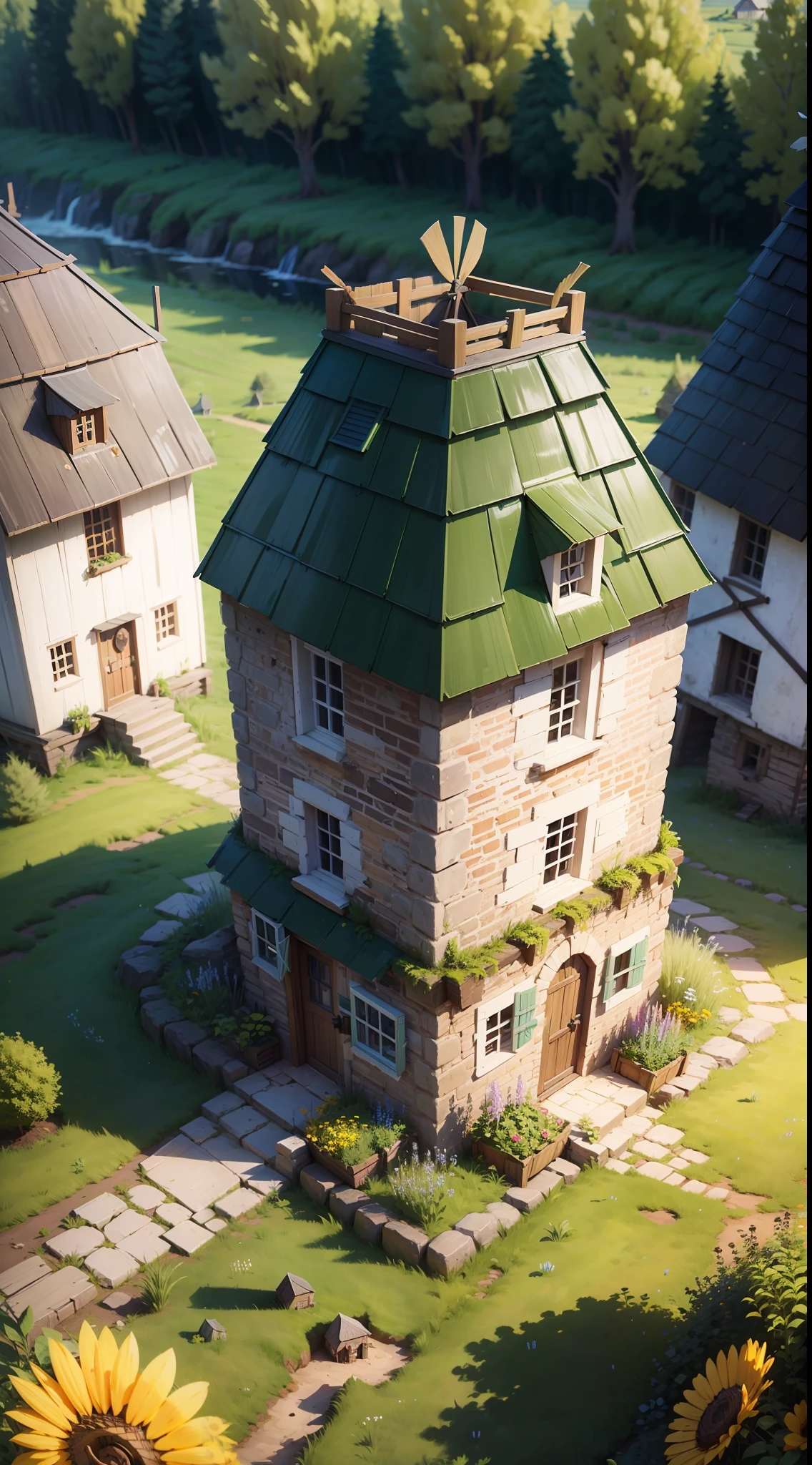 Windmill mill,Beehive-shaped primitive chieftain hall ,Spring theme,Original Hall,Realistic,Heroes of the Storm,Beautiful isometric game art --auto
