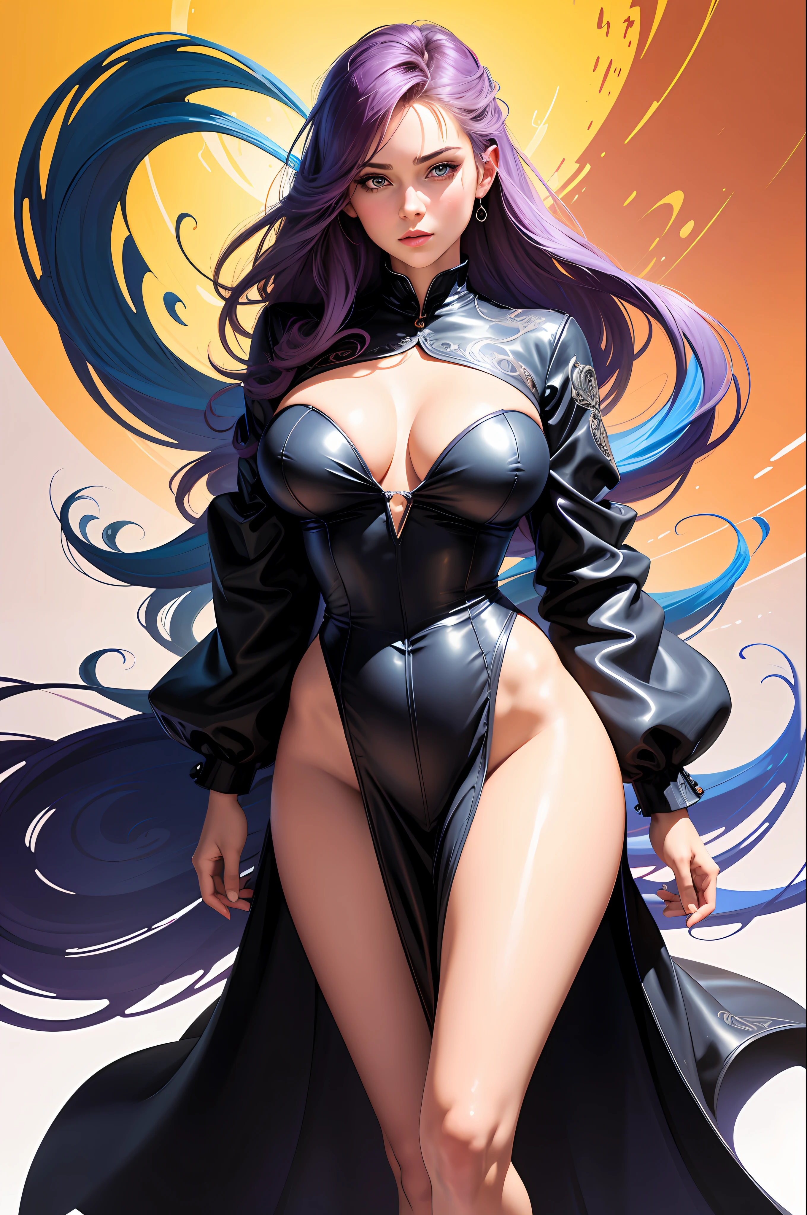 Realistic, full-body portrait of a young, 20-year-old woman, in good shape. realistic beautiful eyes; great face, Caucasian, beautiful look, button up shirt, sexy mini skirt, big boobs, Michael Garmash, Daniel F Gerhartz, Comic style, studio lighting, white background, volumetric lighting, pulp adventure style, liquid acrylic, dynamic gradient, vivid colors, illustration, highly detailed vector curves, simple, smooth, vector art, jochan shading, smooth and clean animation, art , ornate patterns, elegant organic frames, surrealism, posters, masterpiece collections, lush vivid colors, wet gouache --auto