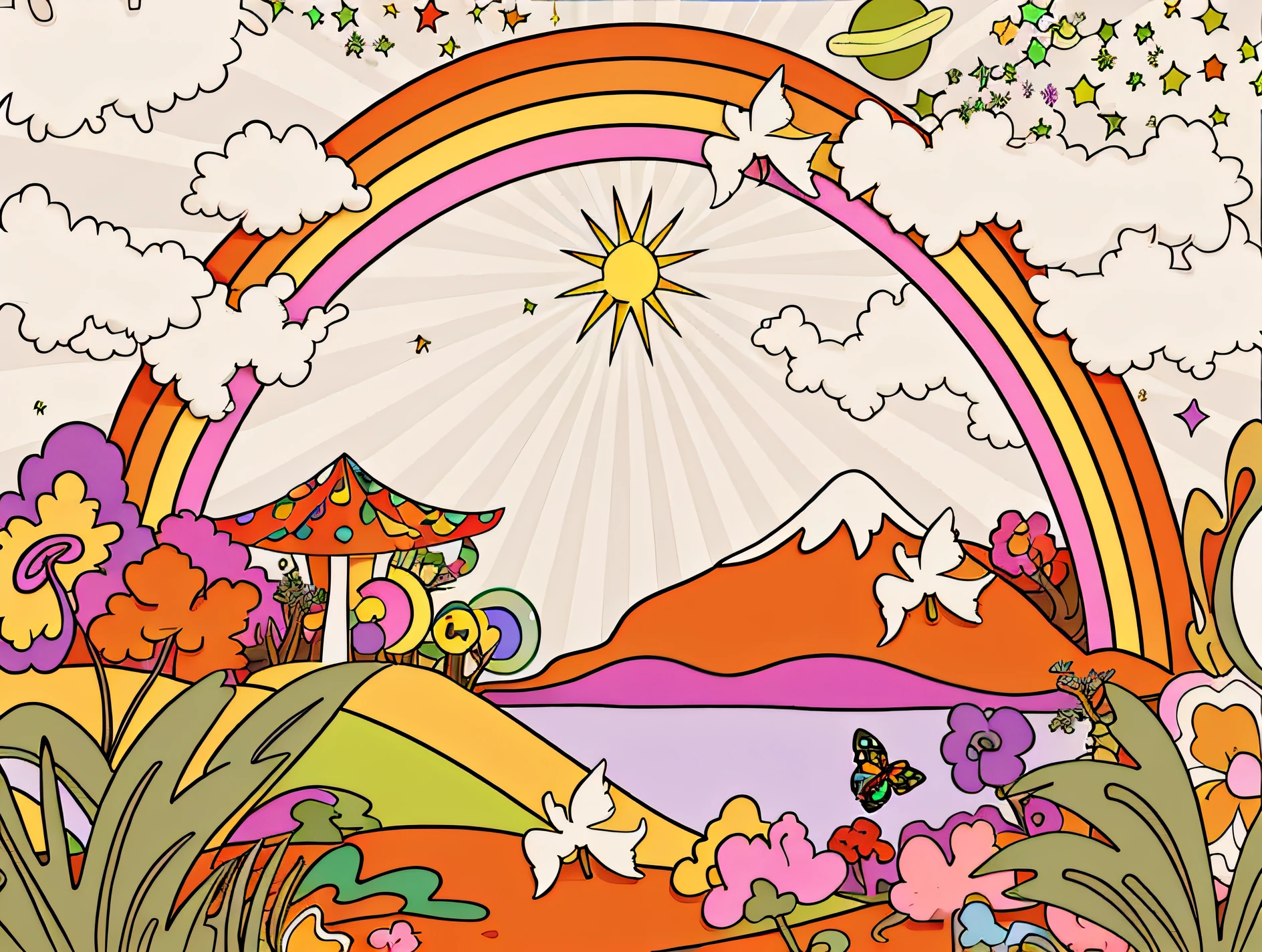 There are cartoon pictures of rainbows and mountains, psychedelic illustrations, whimsical and psychedelic, psychedelic landscape, retro psychedelic illustration, 70s psychedelic style, Psychedelic atmosphere, psychedelic therapy, psychedelic style, Psychedelic color theme, psychedelic aesthetic, psychedelic mushrooms dream, Psychedelic art style, just take a pinch of psychedelic, 7 0 seconds visuals, illustrated in whimsical style, trippy art