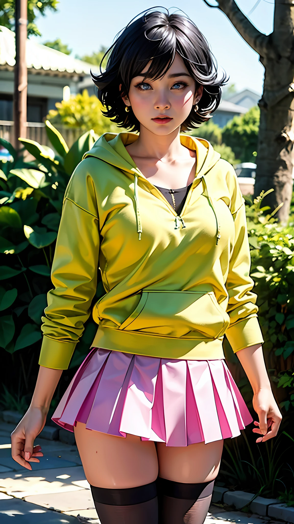 (female:1.2), 8k, ultra hd, ultra detailed texture, hyper realistic, masterpiece, detailed texture, detailed face, detailed skin, detailed lighting, (photorealistic:1.5), best quality, beautiful lighting, cinematic lighting, professional lighting, ultra highres, realistic, detailed hair, real hair, high quality, (realskin:1.5), extremely detailed, finely detail, ultra-detailed, 1girl, solo, black hair, shoes, (pink skirt), cat whiskers, (blue eyes), cute, black legwear, short hair, legwear under skirt, standing, (yellow hoodie), sweater, closed mouth, blush, blunt bangs, large breasts, thigh high, navel, Uzumaki himawari, ninja girl, scary forest background, dark view, holding kunai, weapon