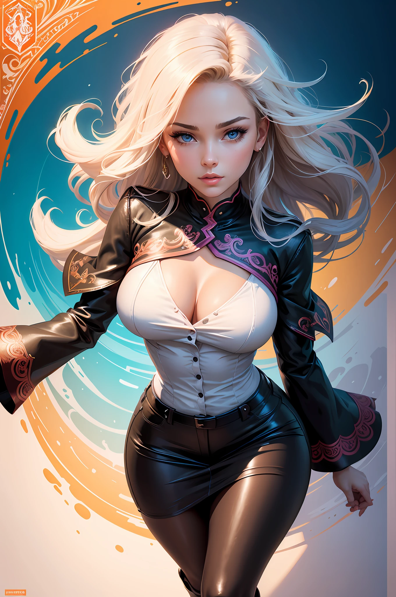 Realistic, full-body portrait of a young, 20-year-old woman, in good shape. realistic beautiful eyes; great face, Caucasian, beautiful look, button up shirt, sexy mini skirt, big boobs, Michael Garmash, Daniel F Gerhartz, Comic style, studio lighting, white background, volumetric lighting, pulp adventure style, liquid acrylic, dynamic gradient, vivid colors, illustration, highly detailed vector curves, simple, smooth, vector art, jochan shading, smooth and clean animation, art , ornate patterns, elegant organic frames, surrealism, posters, masterpiece collections, lush vivid colors, wet gouache