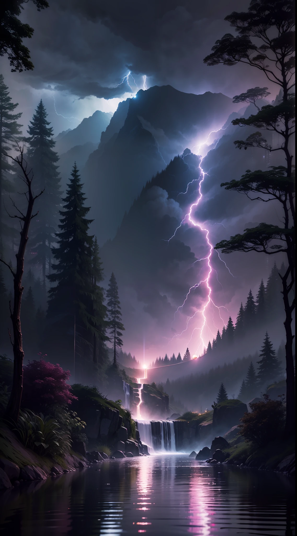 Fuchsia moon，moon full，Pitch black sky，dark stormy clouds，Lightning and lightning，Rain cats and dogs，Reflecting the waterfall，small stream，ln the forest（Delicate lightning）（Moonshine diffusion）nature elements, Isometric 3D, Octane rendering, Ray traching, ultra-detailliert （There are no buildings，no animals）