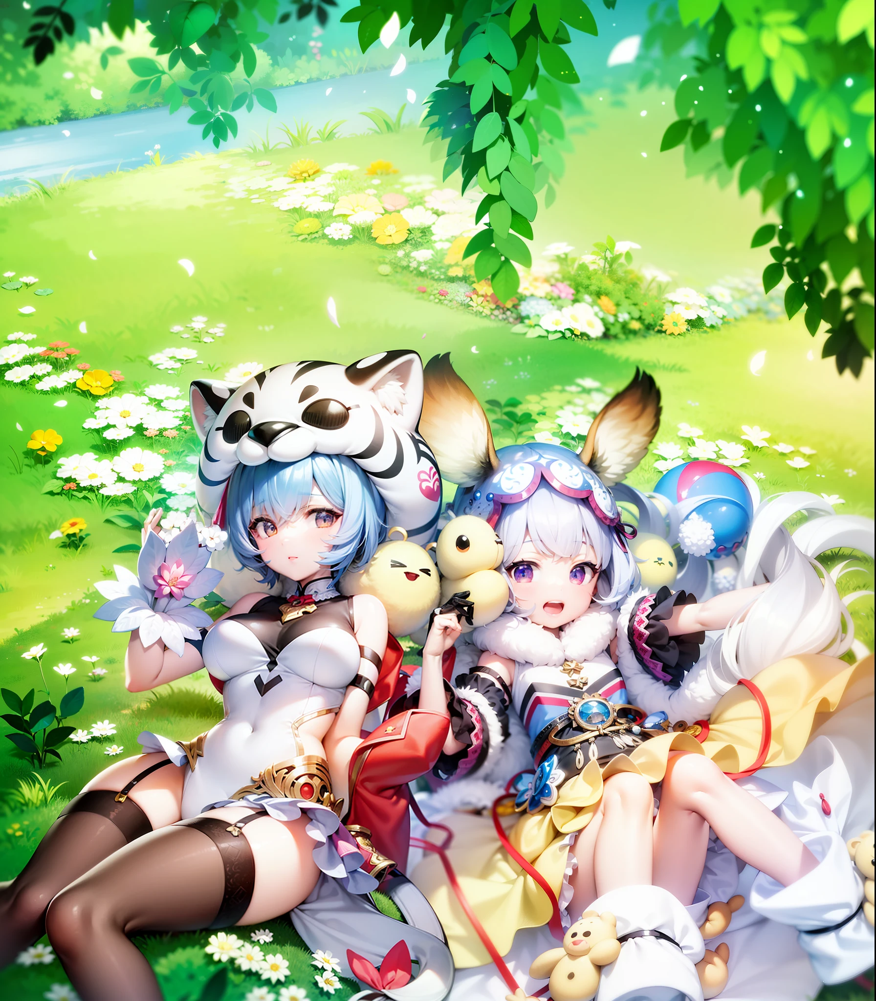 tmasterpiece,HighestQuali,Anime characters lying on blankets on the grass,official fanart,Formal art with high detail,Official project of the Eastern Engineering,Official anime artwork,Official anime art with rich details,Game art!Anime fantasy illustration,Formal art of oriental projects, style elements。