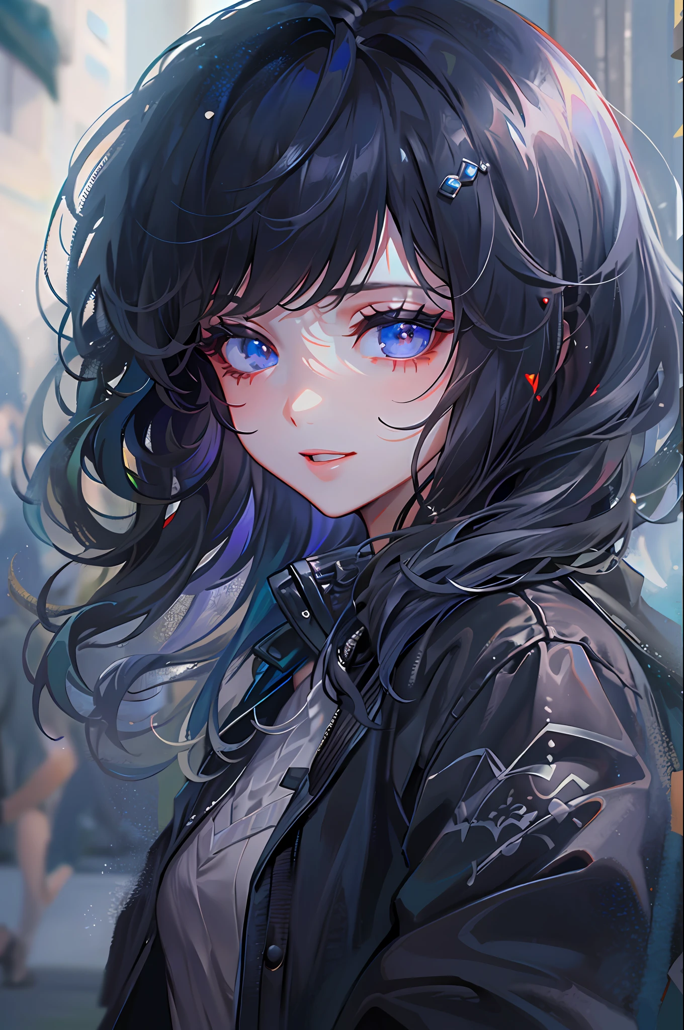 ((top-quality)), ((masterpiece)), ((ultra-detailliert)), (extremely delicate and beautiful), girl with, 独奏, cold attitude,((Black jacket)),She is very(relax)with the(Settled down)Looks,A dark-haired, depth of fields,evil smile,Cold background、Blue inner color hair
