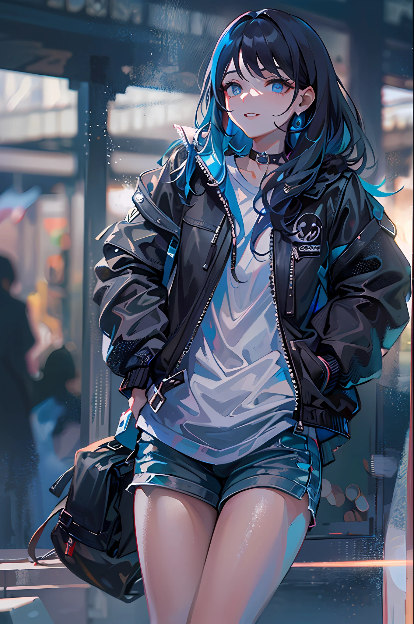 ((top-quality)), ((masterpiece)), ((ultra-detailliert)), (extremely delicate and beautiful), girl with, 独奏, cold attitude,((Black jacket)),She is very(relax)with the(Settled down)Looks,A dark-haired, depth of fields,evil smile,Cold background、Blue inner color hair
