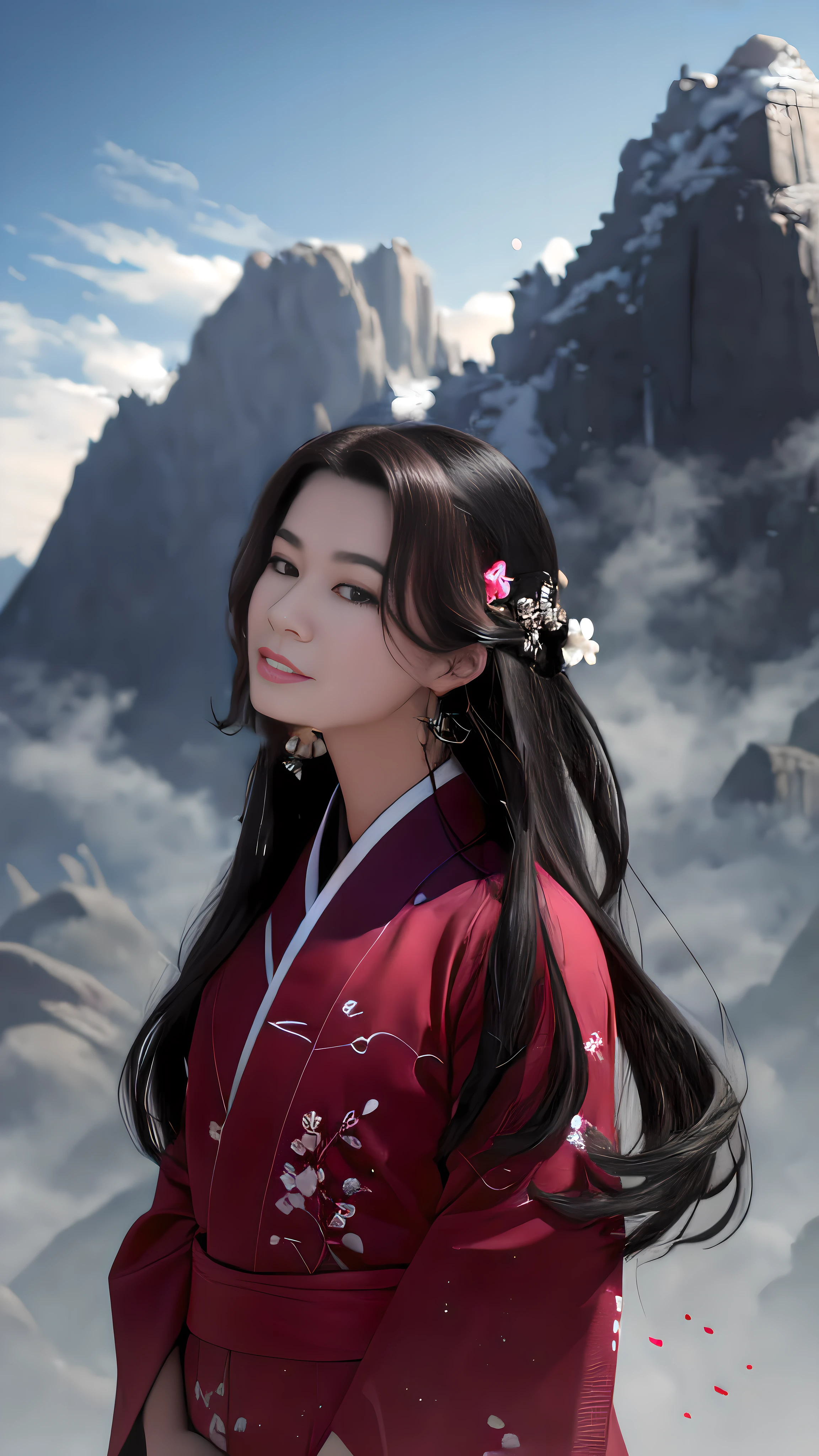 stechu,(white background:1.4), ((tachi-e)), original,(illustration:1.1),(best quality),(masterpiece:1.1),(extremely detailed CG unity 8k wallpaper:1.1), (colorful:0.9),(panorama shot:1.4),(solo:1.2), (ink splashing),(color splashing),((watercolor)), clear sharp focus,{ 1girl standing },((korean style )),flower background,outdoors,rocks, looking at viewer, make happy expressions,soft smile,pure,beautyfull detailed face and eyes,beautyfull intricacy clothing decorative pattern details, black hair,black eyes,colorwater