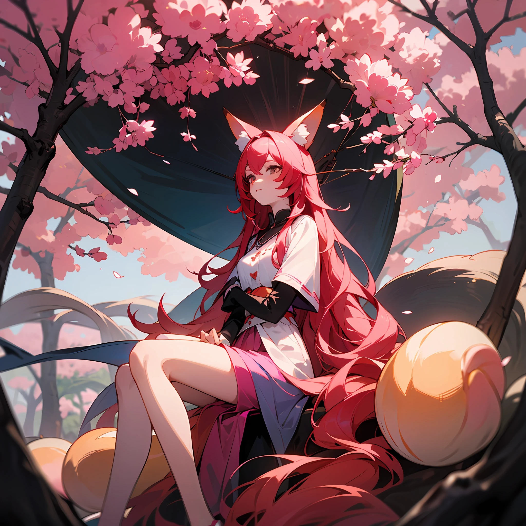 （tmasterpiece，top Quority，best qualtiy，offcial art，Beauty and aesthetics) A second fairy with fox ears，Wears long red hair，Wears clothes that are mainly pink，Behind it are ten pale pink fox tails，Sit in front of a huge peach tree with pink flowers --auto