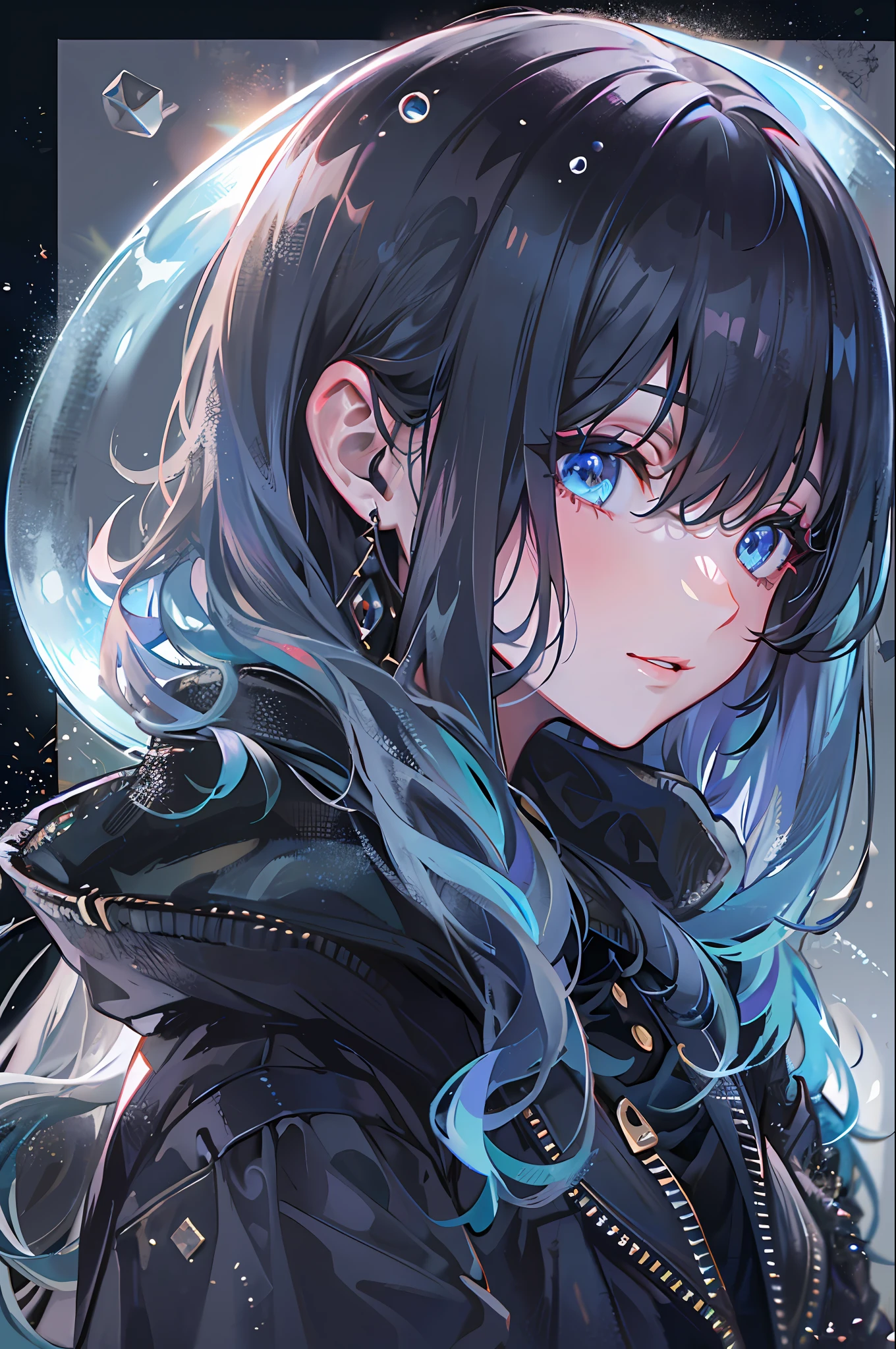 ((top-quality)), ((masterpiece)), ((ultra-detailliert)), (extremely delicate and beautiful), girl with, 独奏, cold attitude,((Black jacket)),She is very(relax)with the(Settled down)Looks,A dark-haired, depth of fields,evil smile,Bubble, under the water, Air bubble,Bright light blue eyes,Inner color with black hair and bright light blue tips,Cold background,Bob Hair
