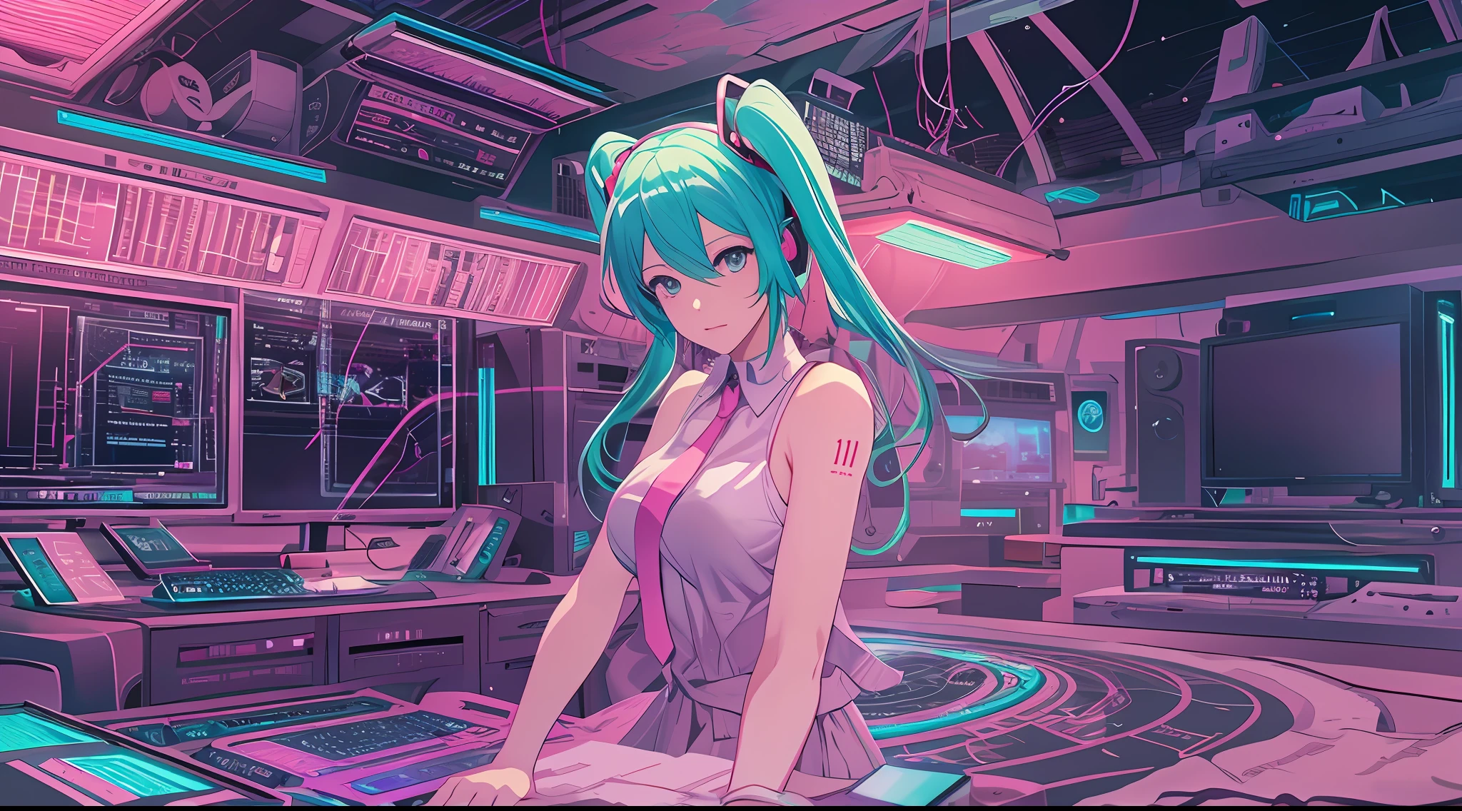 (tmasterpiece),(Most Best Illustration),(Big breasts Hatsune Miku),anime backgrounds,Game Bedroom,TV with mainframe computer,Ring lighting,edge lit,(Very detailed CG unity 8k wallpaper),(tmasterpiece),(best qualtiy),(vaporwave style),(ultra - detailed),(Most Best Illustration),(best shadow),perfect litthing,perfect anatomia,vivd colour,