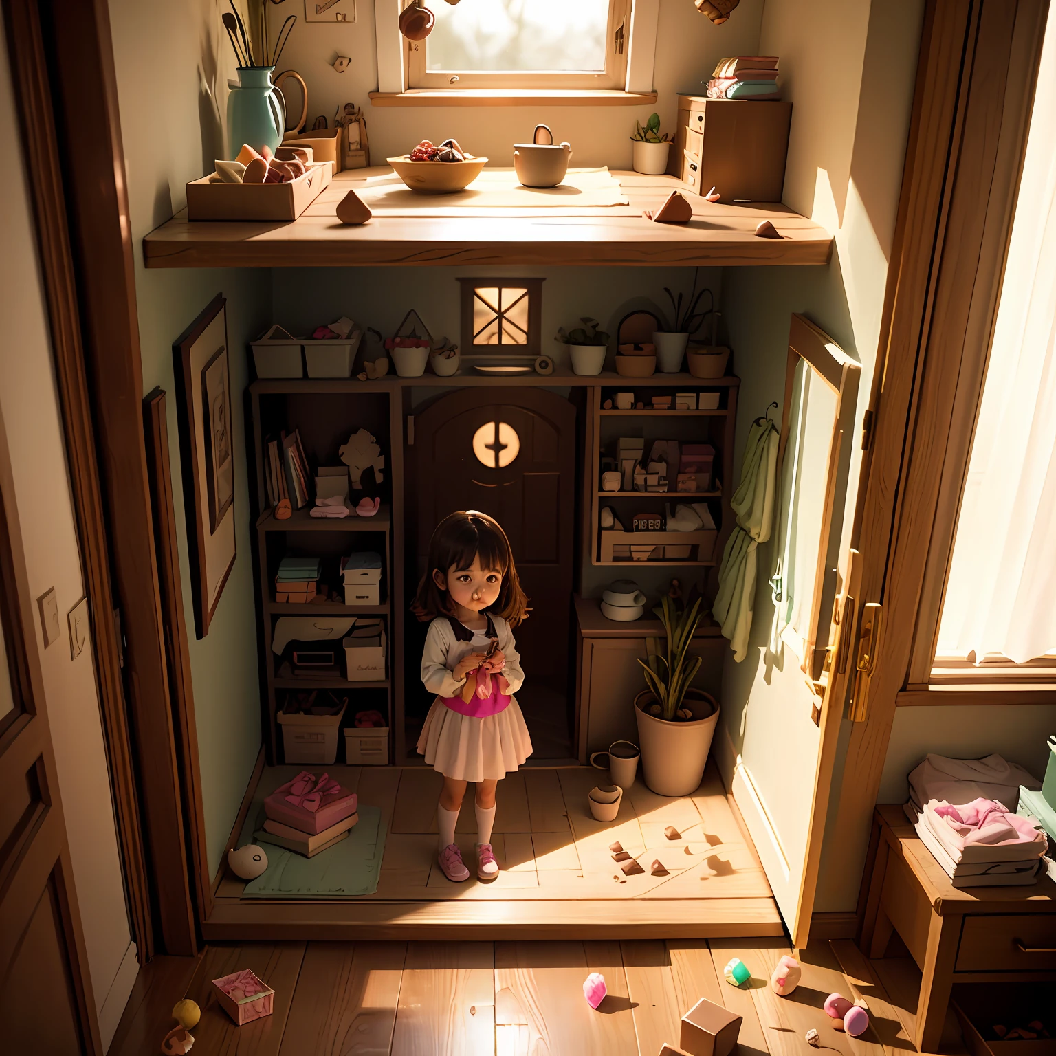 Create a  girl holding chocolate and candy , There is a portal behind her , Standing in his bedroom and in the foreground , Realistis