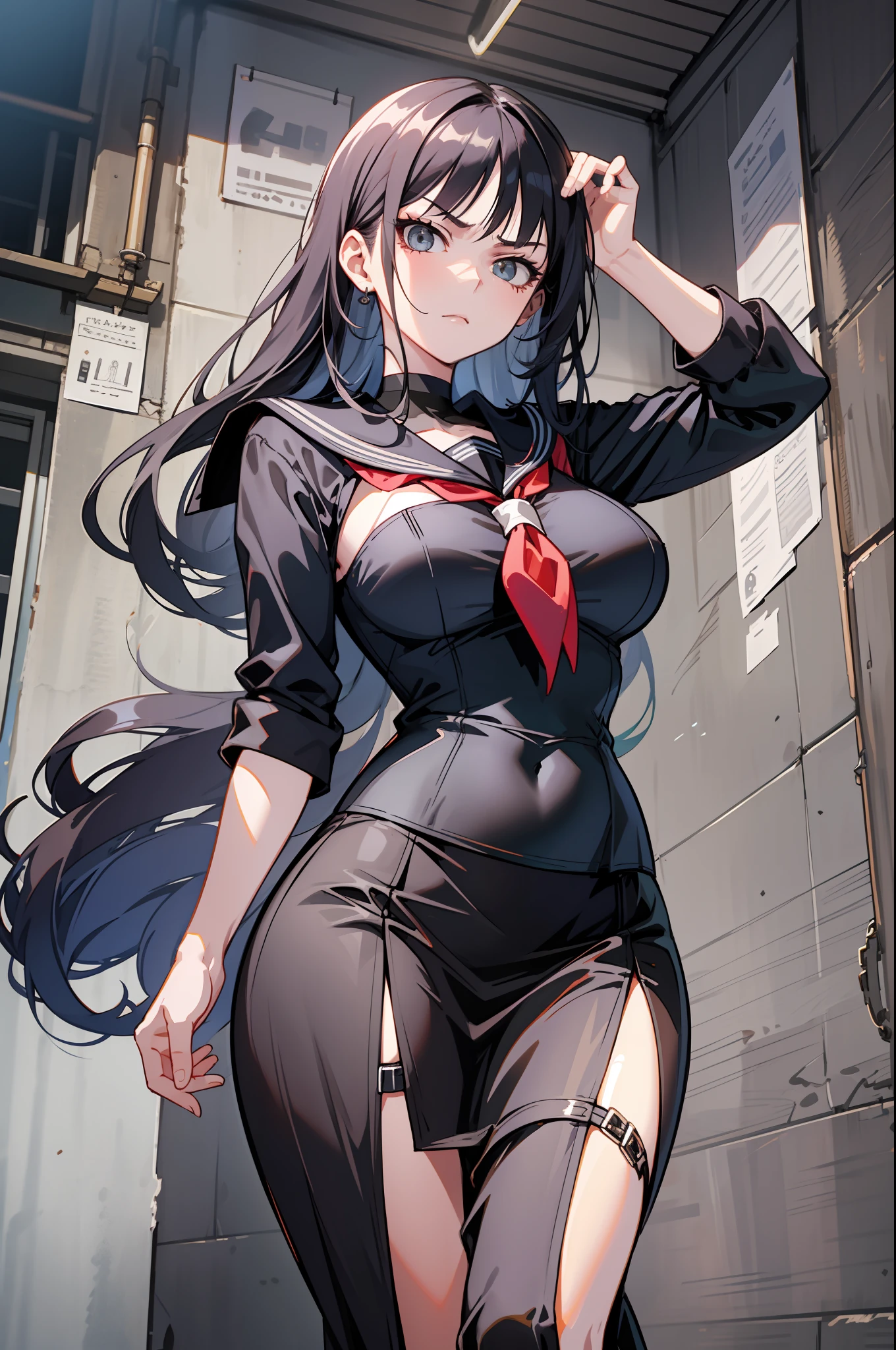 clearface,master piece,hyper quality, Hyper Detailed,Perfect drawing,nffsw,3D,8K,Illustration,a beauty girl,1girll,cabelos preto e longos、((Black sailor suit))、pleatedskirt(Maxi skirt:1.5), Standing with hands in skirt pockets, ((Glaring at me sharply)), Beautiful girl with an amazing face, long eyelashes, Slum、 harems、 (High heel sandals)、Dark eyeliner,Outrage、beatiful backgrounds、Detailed drawing、Accurate drawing、Anatomy of the human body、(((Shot from diagonally below)))