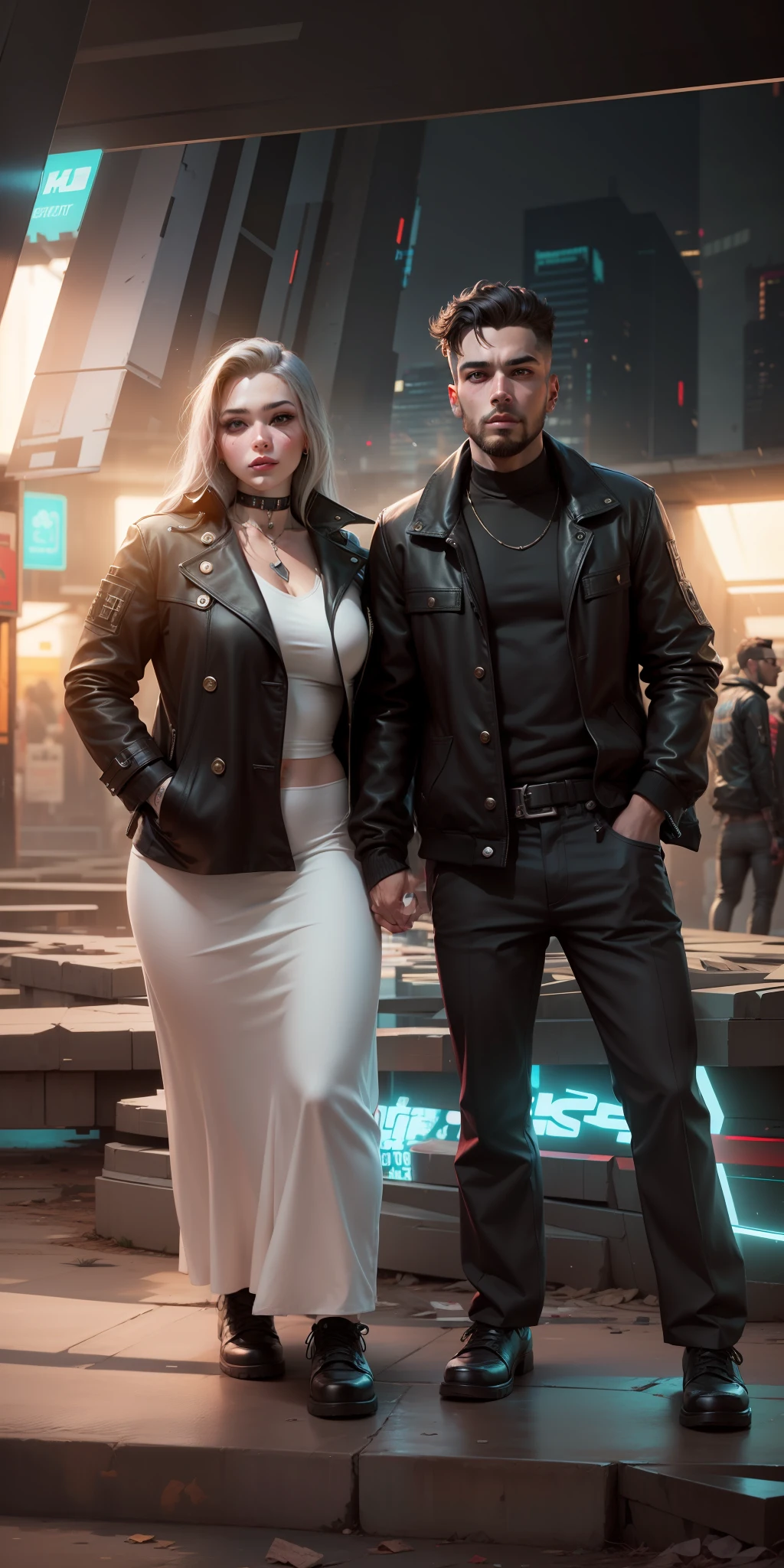 Change background cyberpunk handsome boy, cyberpunk preety girl, 8k ultra realistic face