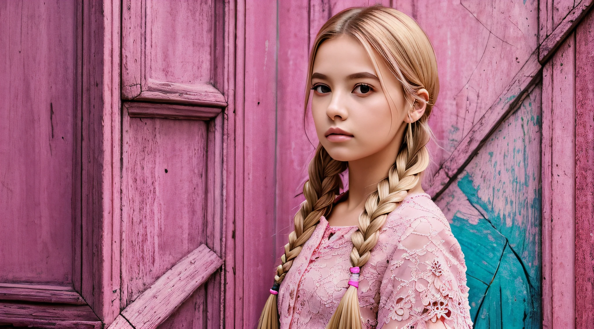 KIDS GIRL BLONDIE BRAIDS, em um vestido rosa e uma jiboia de pena rosa, menina cor-de-rosa, menina com penas, usando um vestido de penas, jiboia de penas, rosto rosa brilhante, Violeta Myers, luzes neon rosa, vestindo uma fantasia de coelho rosa, Pelo cor-de-rosa, com luzes neon, by Amelia Peláez, pelo fofo rosa, neon pink, pink iconic character, quarto cor-de-rosa iluminado