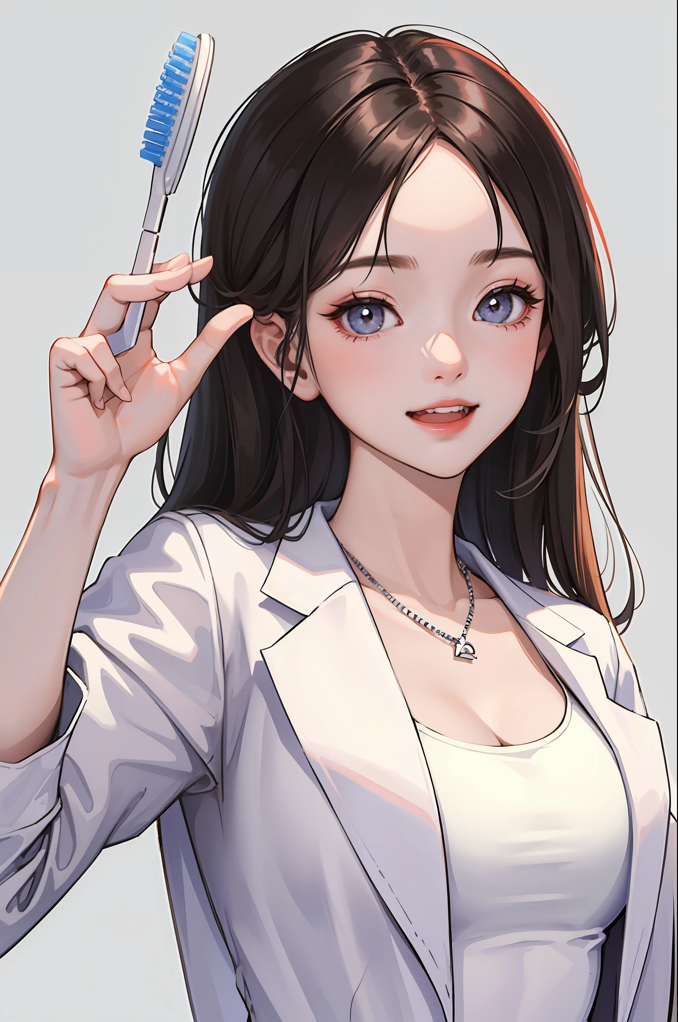 ung and gorgeous girl、length hair、white lab coat、Precise toothbrush、​masterpiece、top-quality、8K UHD、超A high resolution、White background、Studio Lighting、Dark hair、Smiling