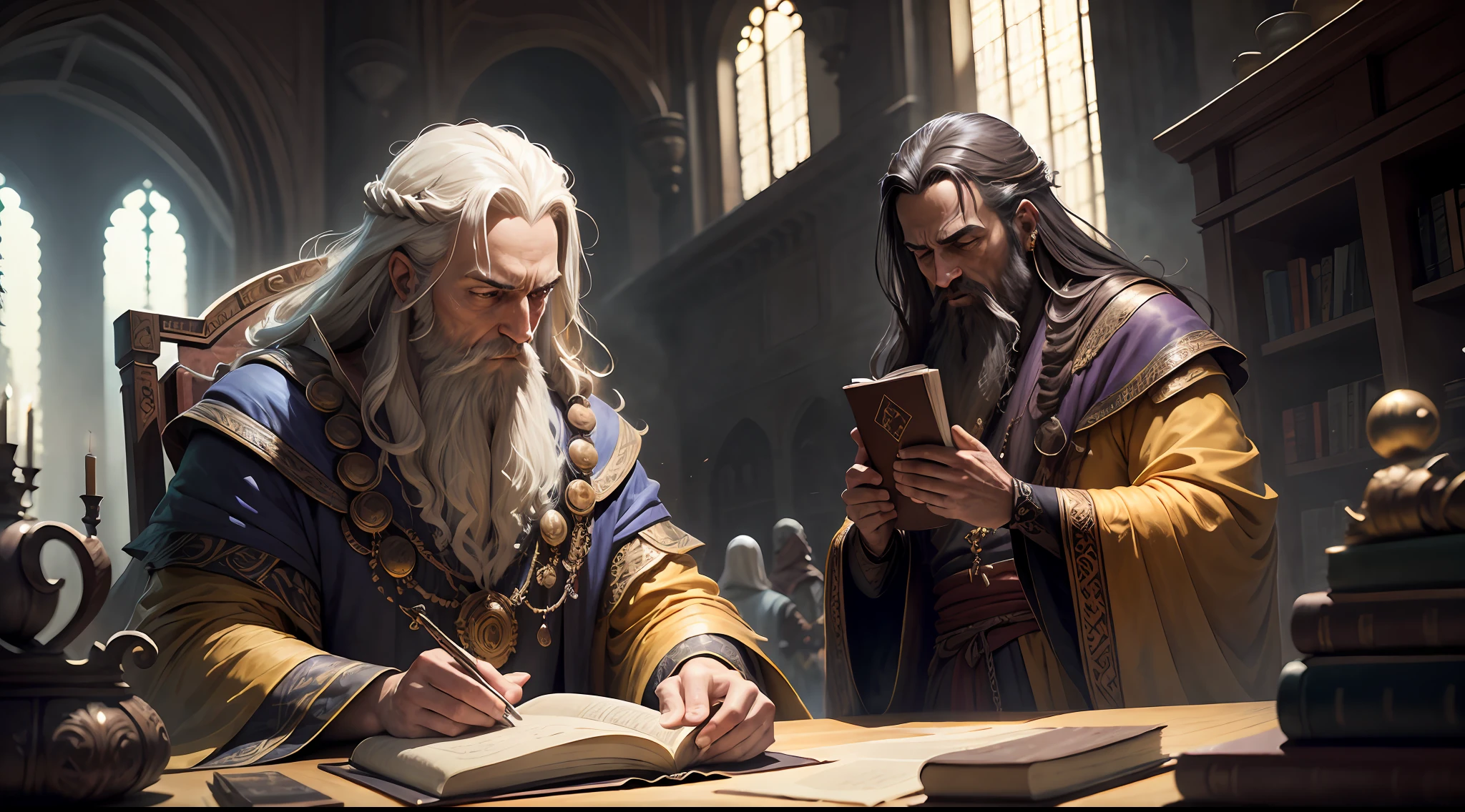 Sage Solomon, sentado em seu trono, vestido com roupas majestosas e umacabelos e barbas longas . Seu olhar sereno e perspicaz transmite sabedoria enquanto segura um pergaminho, symbol of his timeless teachings. Ao fundo, uma biblioteca repleta de livros antigos simboliza sua busca incessante pelo conhecimento. --auto