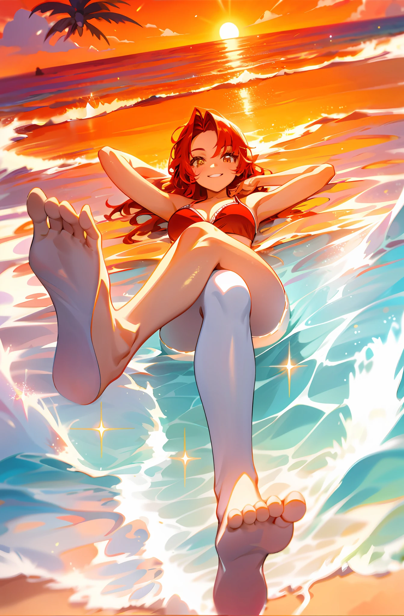 1girl in, beautidful eyes, Smile, fiery red, Soft pastel orange, Relaxed, Playful pranks, Bright red bikini, loosely tied on the sides, Glitter under the setting sun, Long wavy free-flowing hair, fiery red hair, Seductive amber eyes, Teasing smile, Tropical Beach, Sun setting over the ocean,legs crossed, Lying down, Angle from below