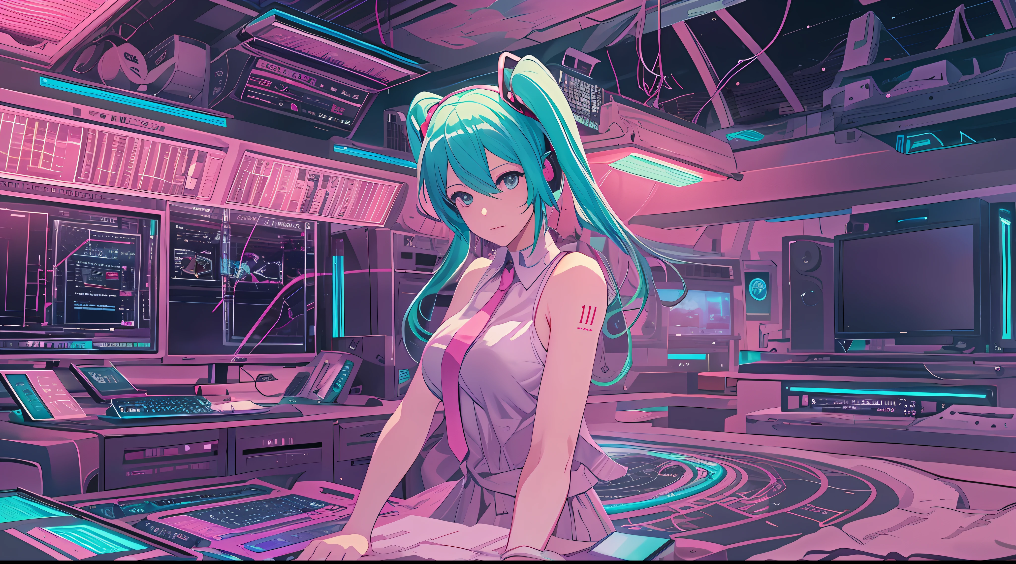 (tmasterpiece),(Most Best Illustration),(Big breasts Hatsune Miku),anime backgrounds,Game Bedroom,TV with mainframe computer,Ring lighting,edge lit,(Very detailed CG unity 8k wallpaper),(tmasterpiece),(best qualtiy),(vaporwave style),(ultra - detailed),(Most Best Illustration),(best shadow),perfect litthing,perfect anatomia,vivd colour,