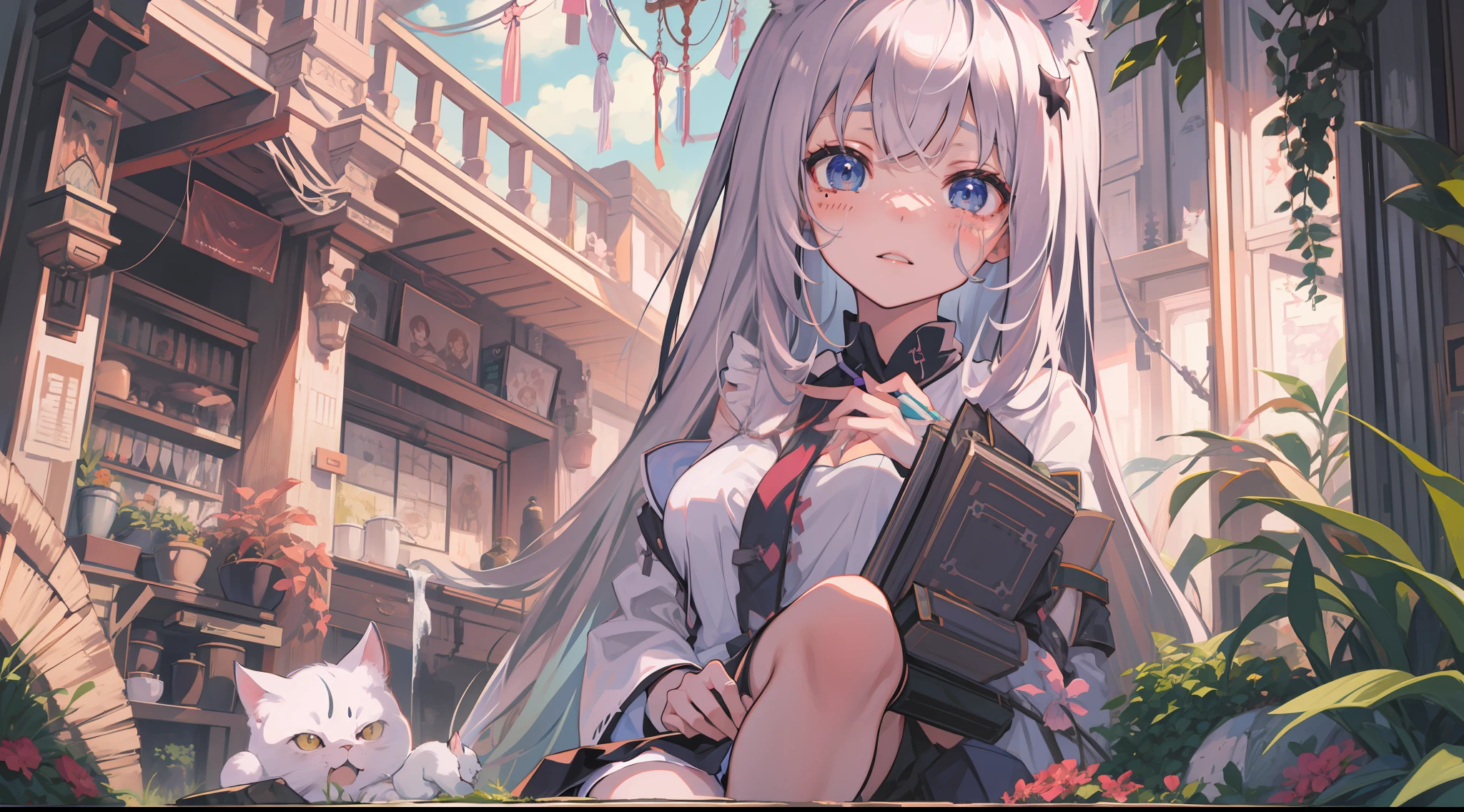 Anime girl with long black hair and white cat in a building eroded by vegetation, anime style 4 k, Anime girl with cat ears, anime art wallpaper 4k, anime art wallpaper 4k, Anime art wallpaper 8k, beautiful anime catgirl, digital anime illustration, anime wallpaper 4 k, Very Beautiful Anime Cat Girl, anime wallpaper 4k, 4k anime wallpaper, anime style illustration、(A devastated world:1.3)、arknights、（teens girl）、made in abyss