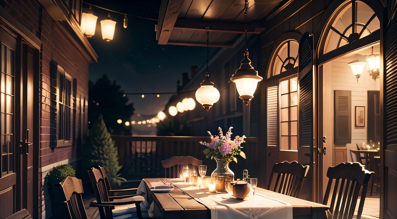 tmasterpiece,Best quality at best,Very detailed CG unity 8K wallpaper,The best illustration,The best shadow,Villas,liveroom,dining table,porch,the night,sofe(1920s), (English Town),(Particle effect)and other 3D,Octane rendering,Ray traching,Super refined --auto