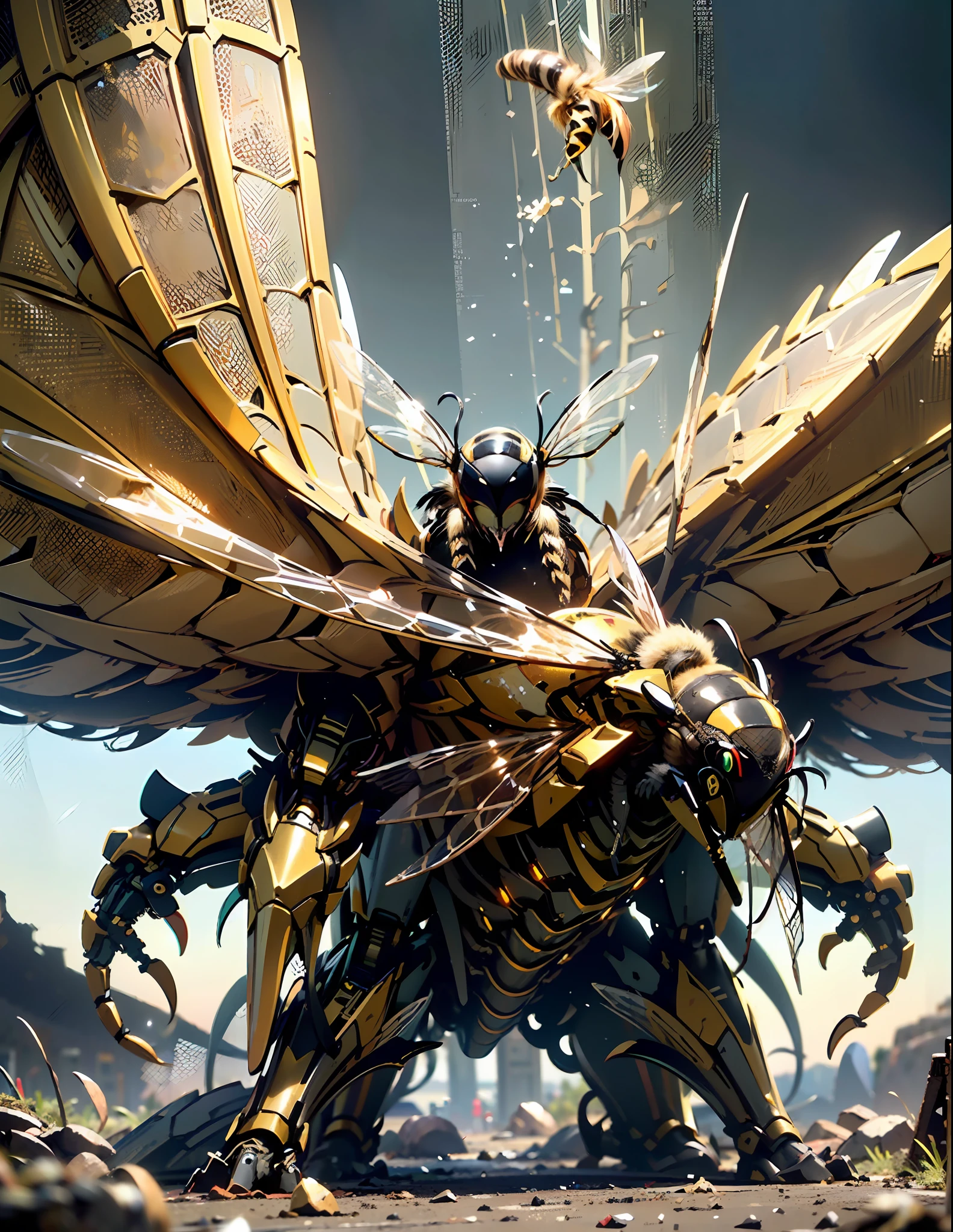 (Golden ratio:1.2),[(Black background:1.4)::10],(Masterpiece), (Best quality), (Ultra detailed),(Disheveled hair),(illustration),A huge mechanical monster,((Mechanical insects//(honeybee:1.3)//,giant monster,(Fantasy composition:1.4),((A random patchwork of mechanical monsters)),(Mechanical arthropods),(Mechanical limb),/(Biomimetic technology:1.3/),Hexagonal missile nest backpack,Knightly spears and rapier swords,shining body,hyper HD, retinas, Anatomically correct, Textured skin, Super detail, Best quality, A high resolution