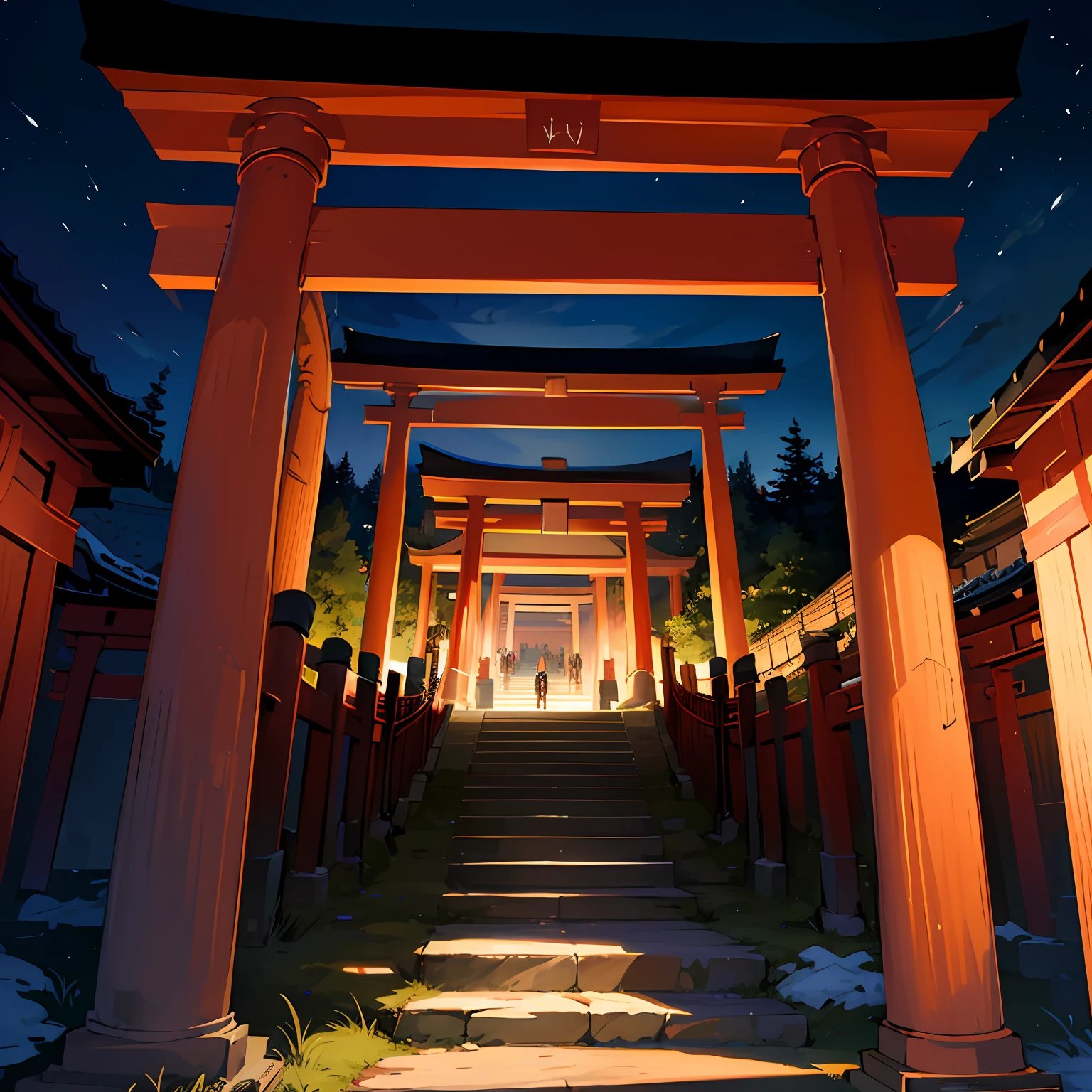 ((Master masterpiece)), ((Top image quality)), illustratio,There is a large torii gate、Only the other side of the torii gate seems to be at night、You can see the demon army on the other side of the torii gate..