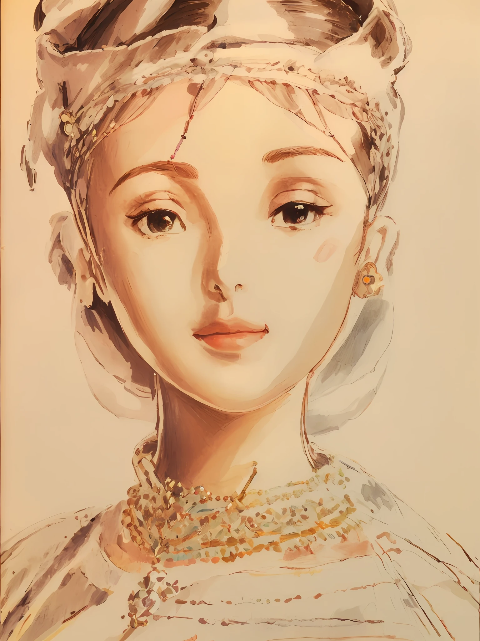 Painting of a woman wearing a turban and necklace, Simple drawing, detailed feminine face, Pencil painting, traditional drawing style, Detailed face and body, detailed dress and face, Detailed face, head and waist potrait, detailed - face!!, detailedfacialfeatures!, elegant drawing,Eyes slightly open,Coordination of the five senses,Eye symmetry