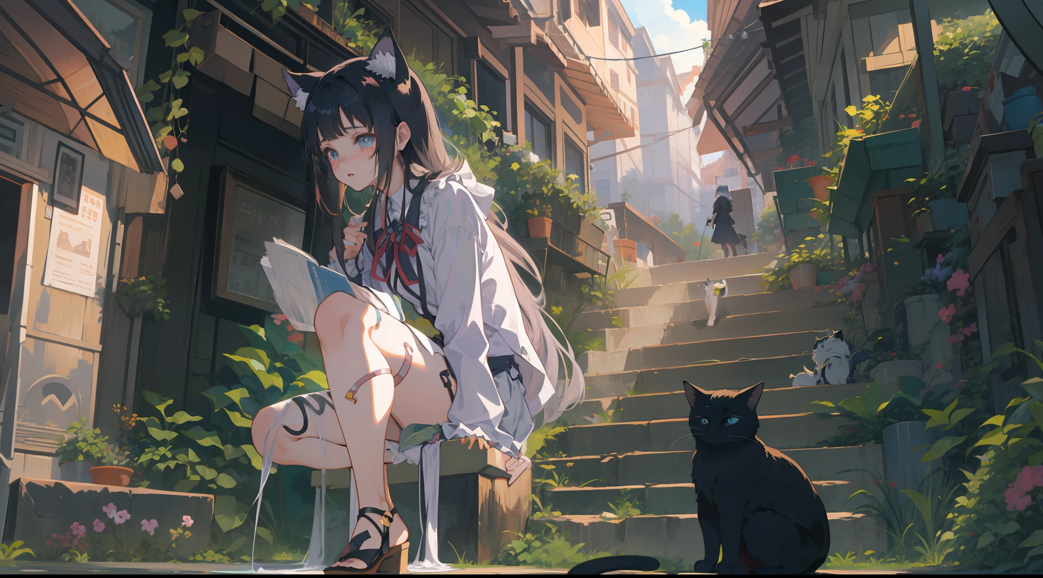 Anime girl with long black hair and white cat in a building eroded by vegetation, anime style 4 k, Anime girl with cat ears, anime art wallpaper 4k, anime art wallpaper 4k, Anime art wallpaper 8k, beautiful anime catgirl, digital anime illustration, anime wallpaper 4 k, Very Beautiful Anime Cat Girl, anime wallpaper 4k, 4k anime wallpaper, anime style illustration、(A devastated world:1.3)、arknights、（teens girl）、made in abyss