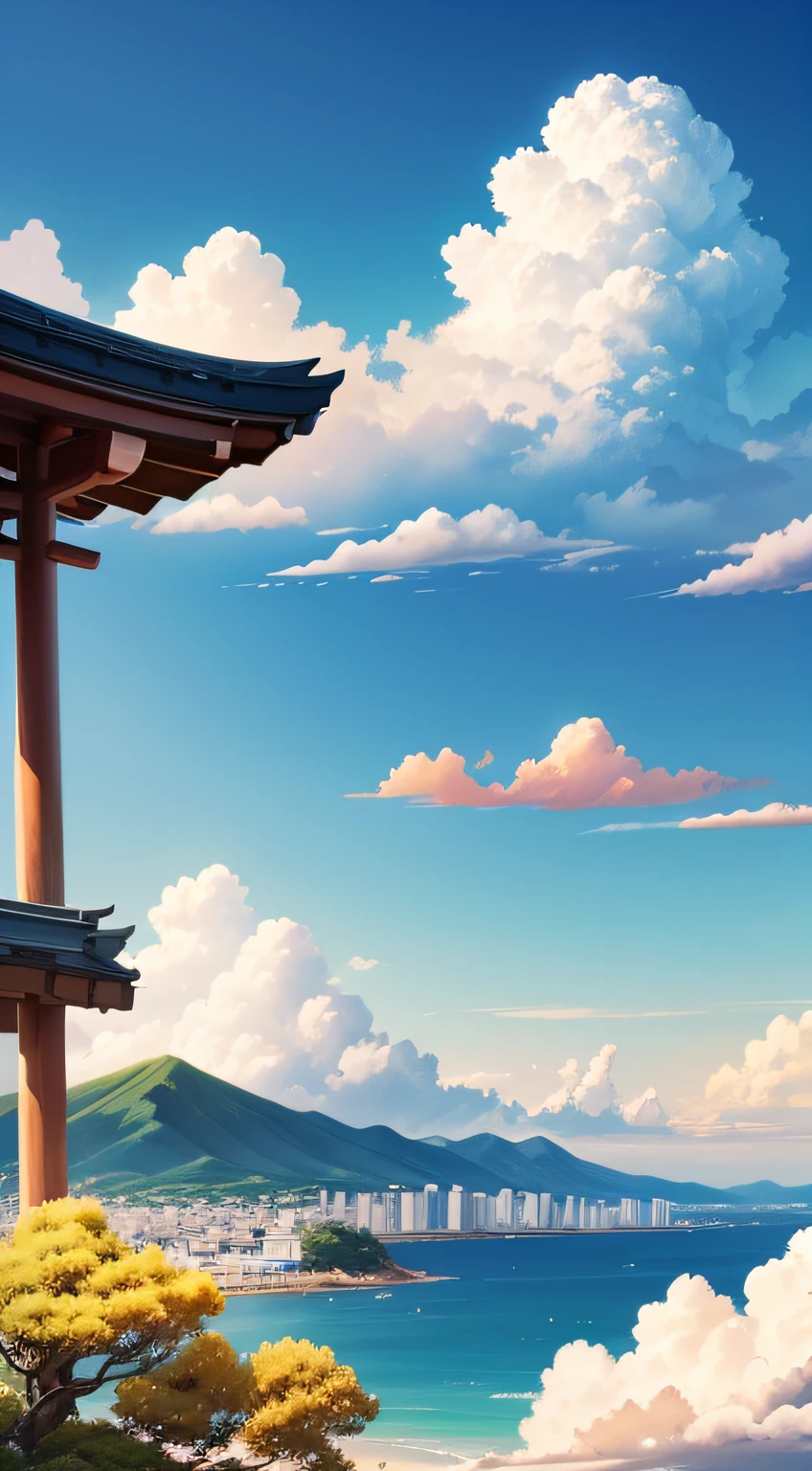 4k、top-quality、Summer sky in Japan、Summer scene、watercolor paiting、cumulonimbus clouds、morning hour、Sea view --auto