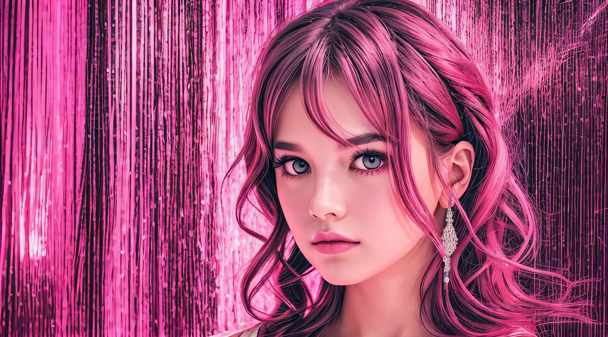 KIDS GIRL BLONDIE BRAIDS, em um vestido rosa e uma jiboia de pena rosa, menina cor-de-rosa, menina com penas, usando um vestido de penas, jiboia de penas, rosto rosa brilhante, Violeta Myers, luzes neon rosa, vestindo uma fantasia de coelho rosa, Pelo cor-de-rosa, com luzes neon, by Amelia Peláez, pelo fofo rosa, neon pink, pink iconic character, quarto cor-de-rosa iluminado