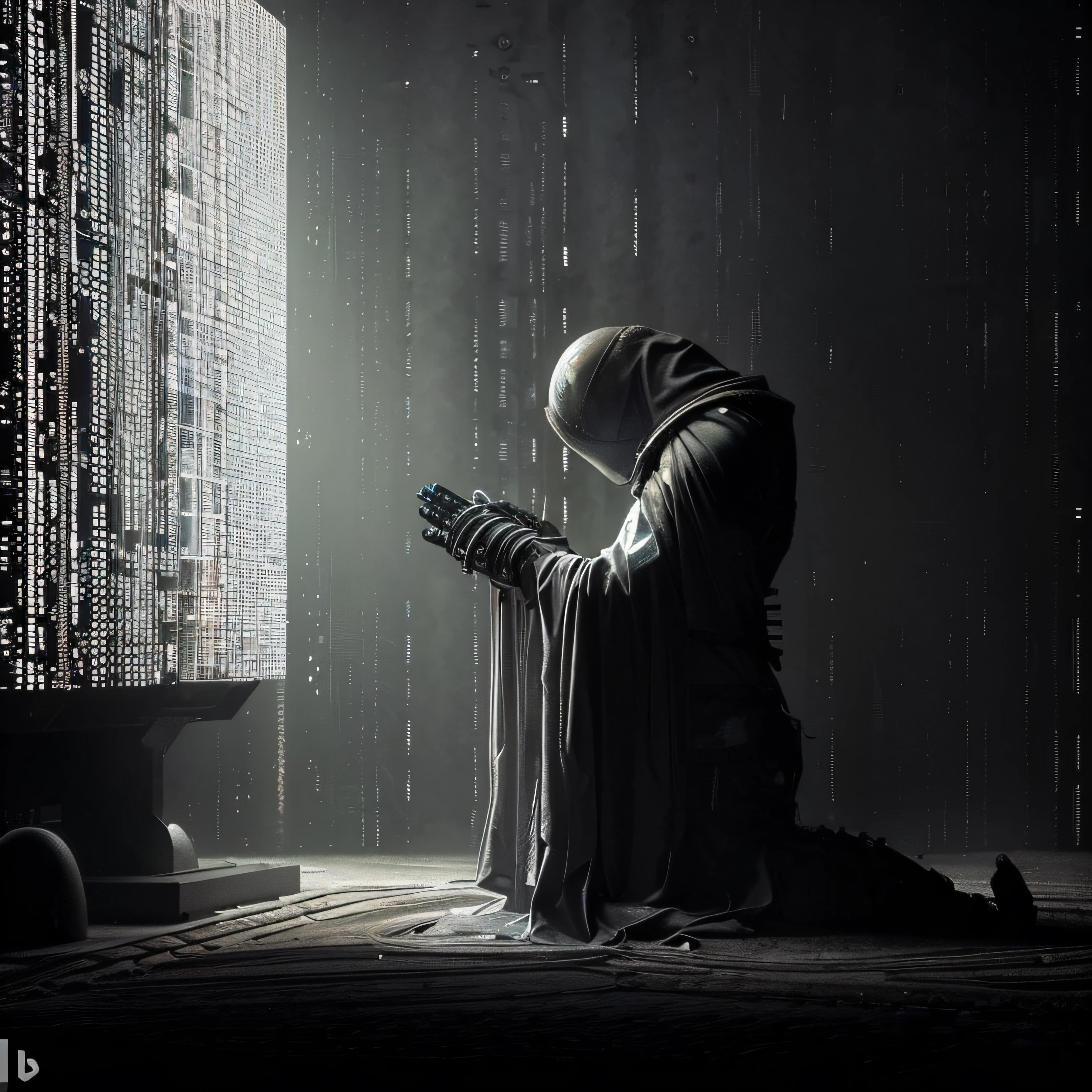 A closeup of a robot kneeling on the ground praying in a dark temple in front of digital binary codes, Dan Mumford. octan render, Dan Mumford. 8K octane rendering, dystopian digital art, Dan Mumford. maya render, 3 d render bipe, Scifi religioso, por bipe, bipe. octan render, zen méditation cyberpunk, choro. Scifi