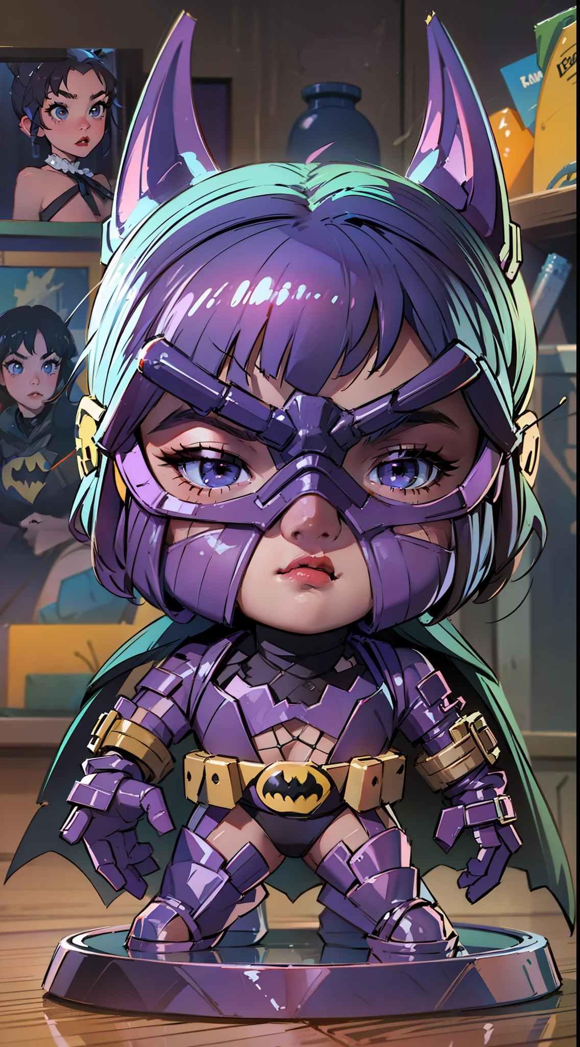 Create a jaw-dropping 3D masterpiece featuring the iconic Batman Funko Pop figure, highlighting intricate craftsmanship and vivid colors.
