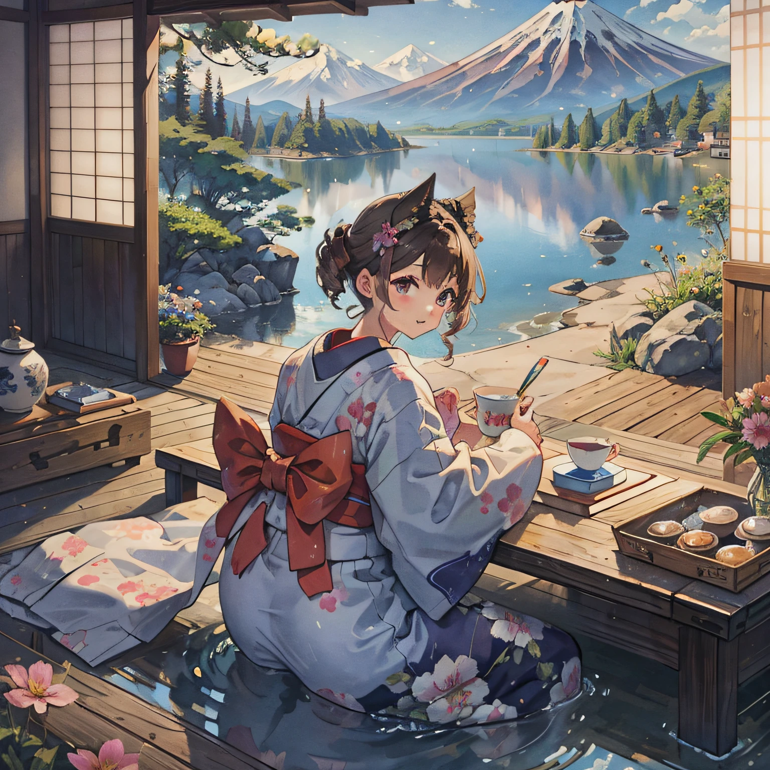 4K、top-quality、watercolor paiting、On the shore of Lake Ashi with a view of Mt. Fuji、One boy in panda print yukata、Good youth、light skinned、Bangs in the middle、A dark-haired、japanese kimono、One girl in a floral yukata、Curly brown hair up to the shoulders、Twin-tailed、a smile、Innocent、Two people are playing happily、 --auto