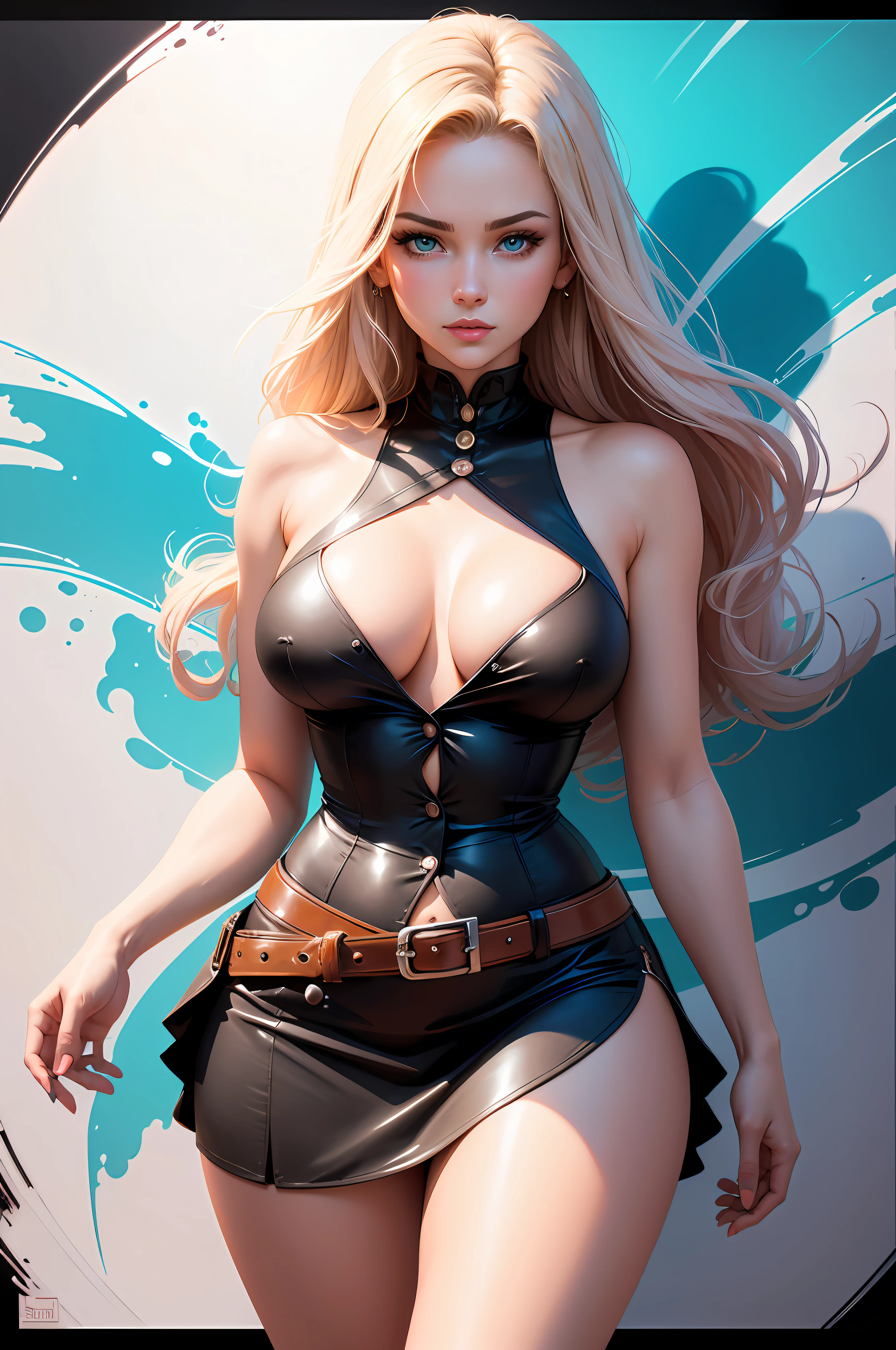 Realistic, full-body portrait of a young, 20-year-old woman, in good shape. realistic beautiful eyes; great face, Caucasian, beautiful look, button up shirt, sexy mini skirt, big boobs, Michael Garmash, Daniel F Gerhartz, Comic style, studio lighting, white background, volumetric lighting, pulp adventure style, liquid acrylic, dynamic gradient, vivid colors, illustration, highly detailed vector curves, simple, smooth, vector art, jochan shading, smooth and clean animation, art , ornate patterns, elegant organic frames, surrealism, posters, masterpiece collections, lush vivid colors, wet gouache
